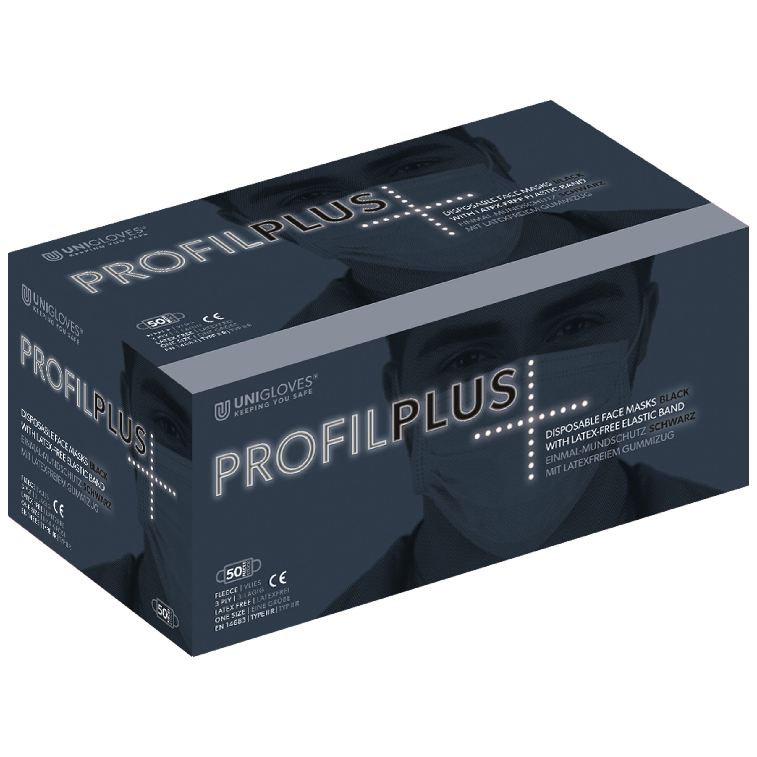 Box mit Unigloves Profil Plus OP-Mundschutz in Schwarz auf grauem Hintergrund