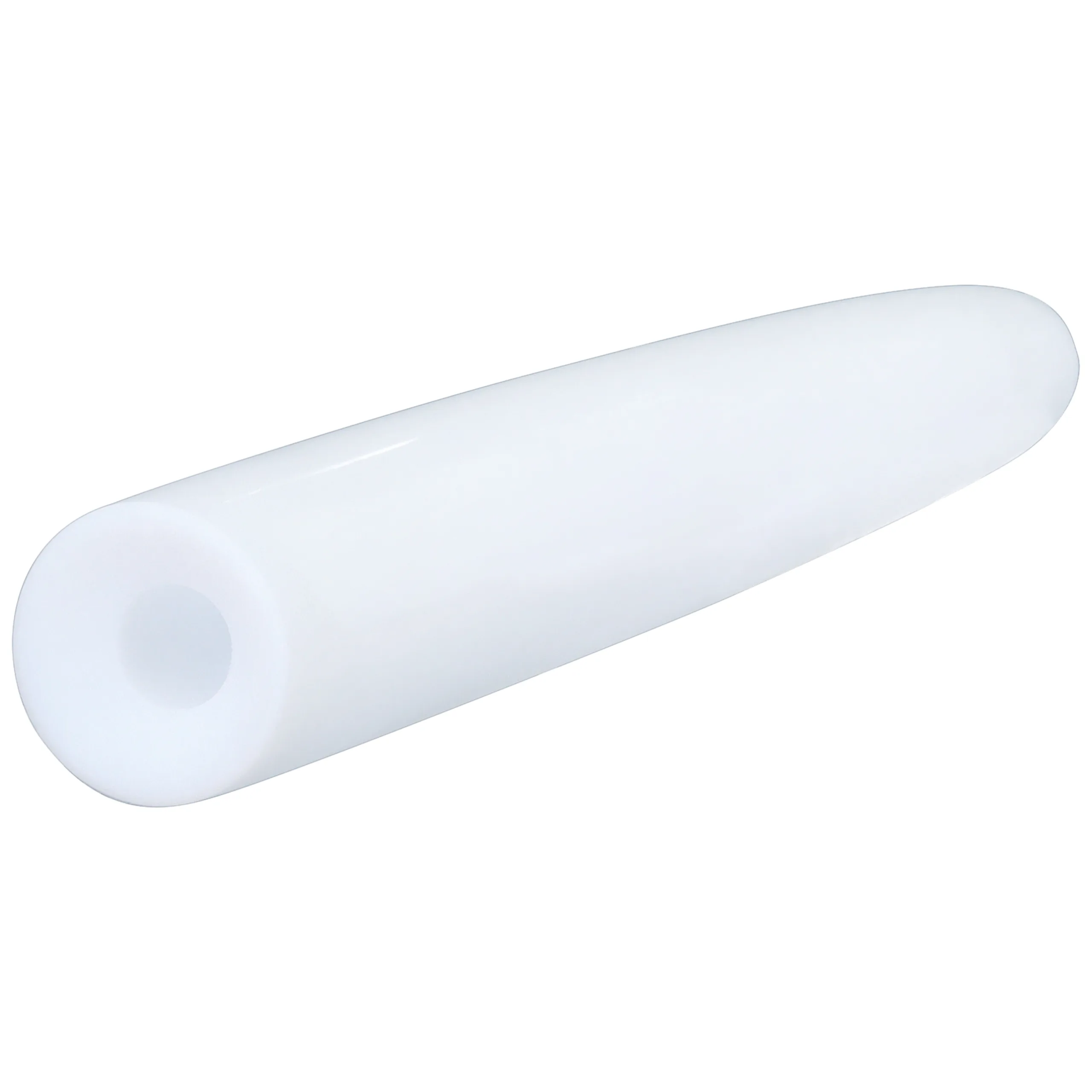 Weißer, glatter PTFE Dehnstab mit abgerundeten Enden auf weißem Hintergrund