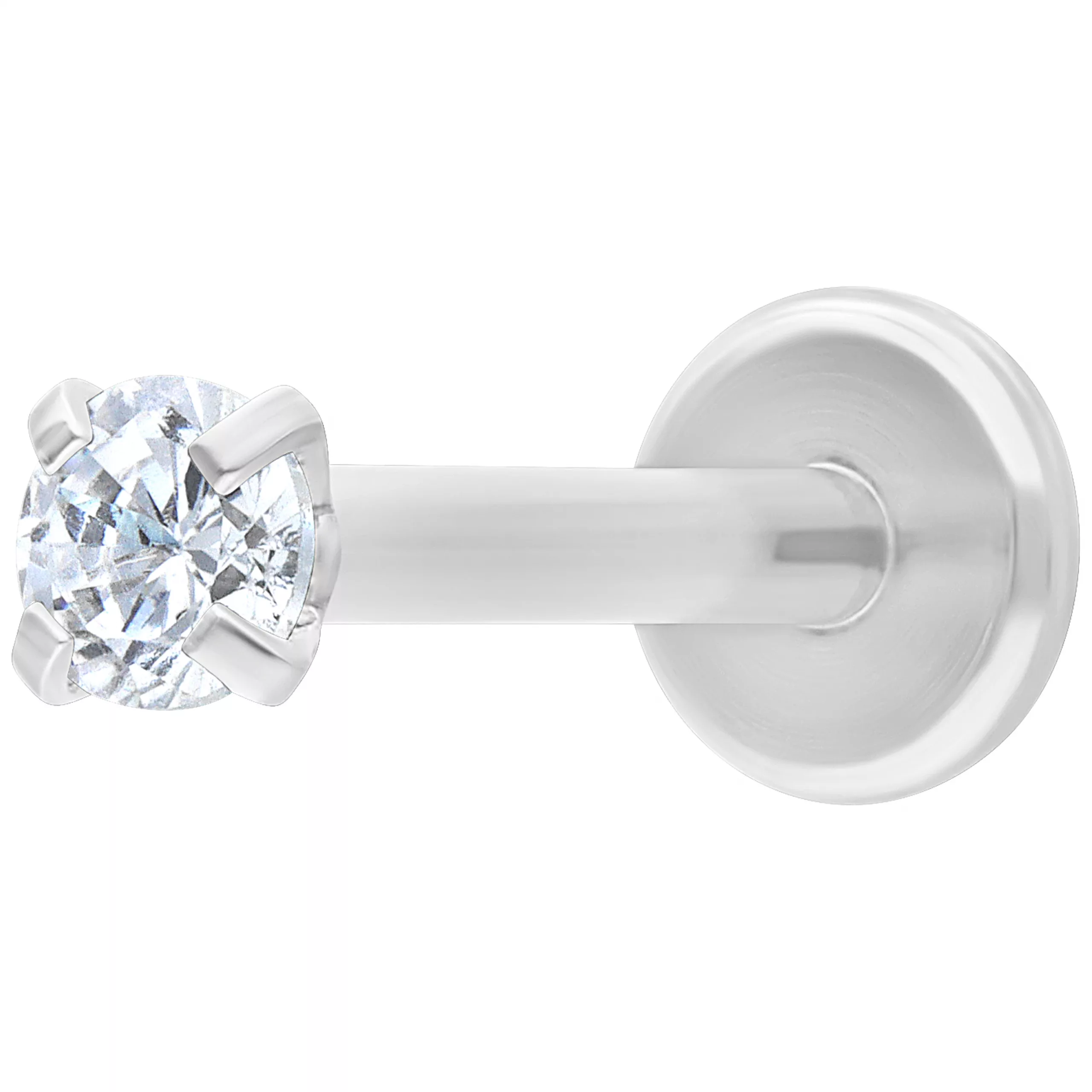 Runder Kristall Labret aus Chirurgenstahl Silbernes Labret mit rundem Kristall auf weißem Hintergrund