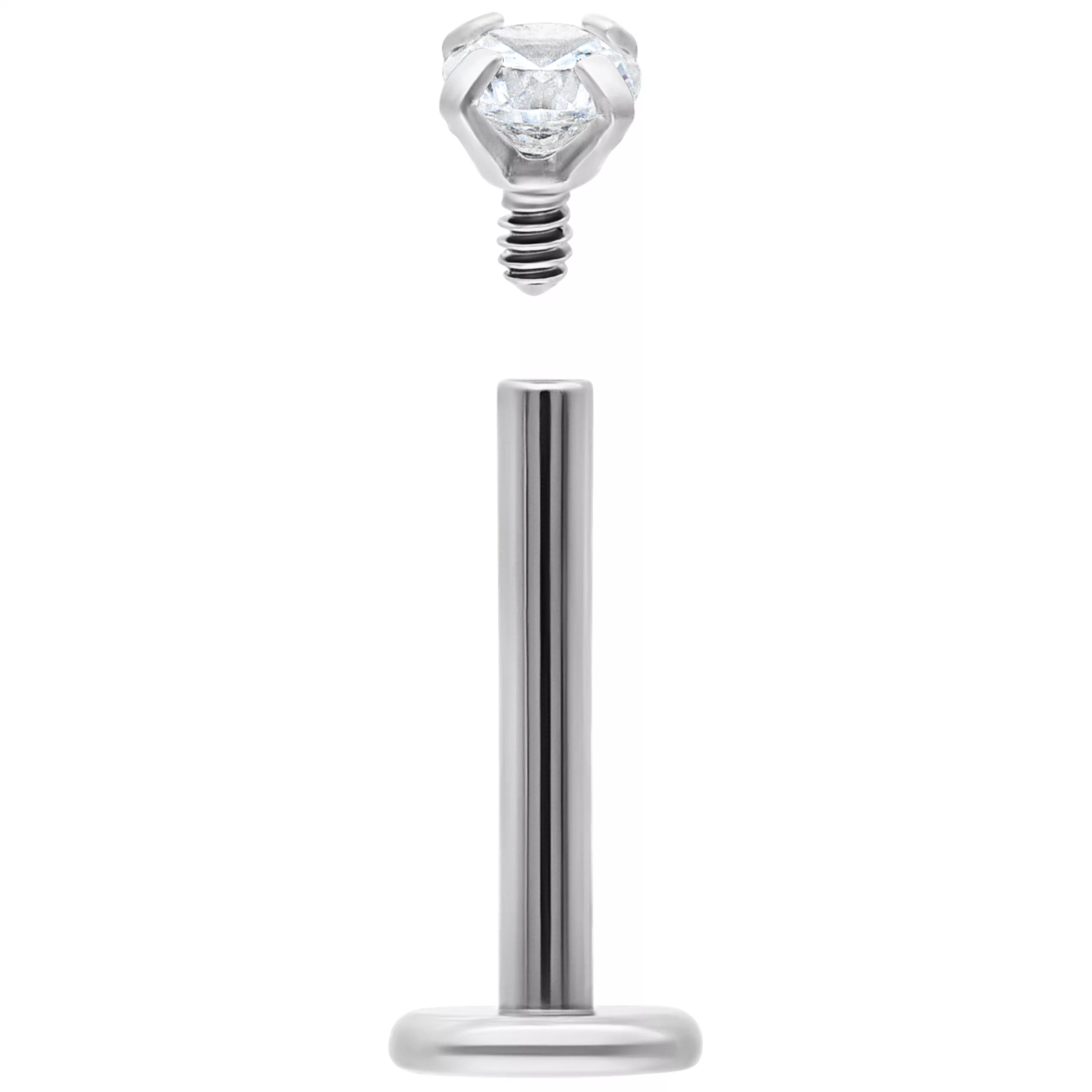 Silbernes Labret mit rundem Kristall Silbernes Labret aus Chirurgenstahl 316L mit klarem Kristall auf weißem Hintergrund