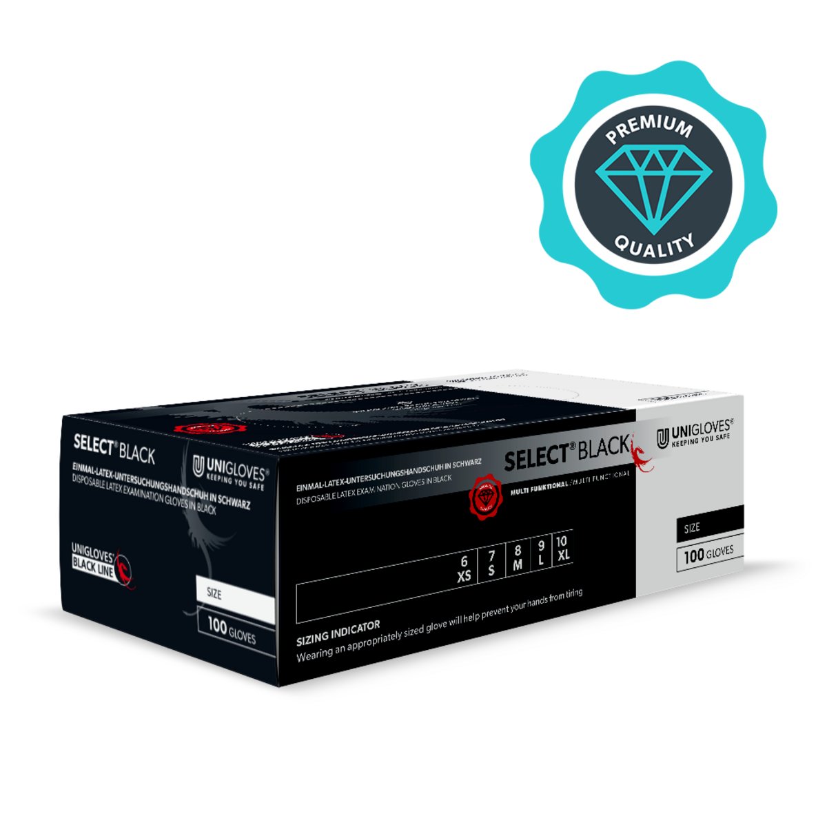 Unigloves Select Black Einweghandschuhe Schwarz Schwarze Unigloves Select Handschuhbox auf weißem Hintergrund