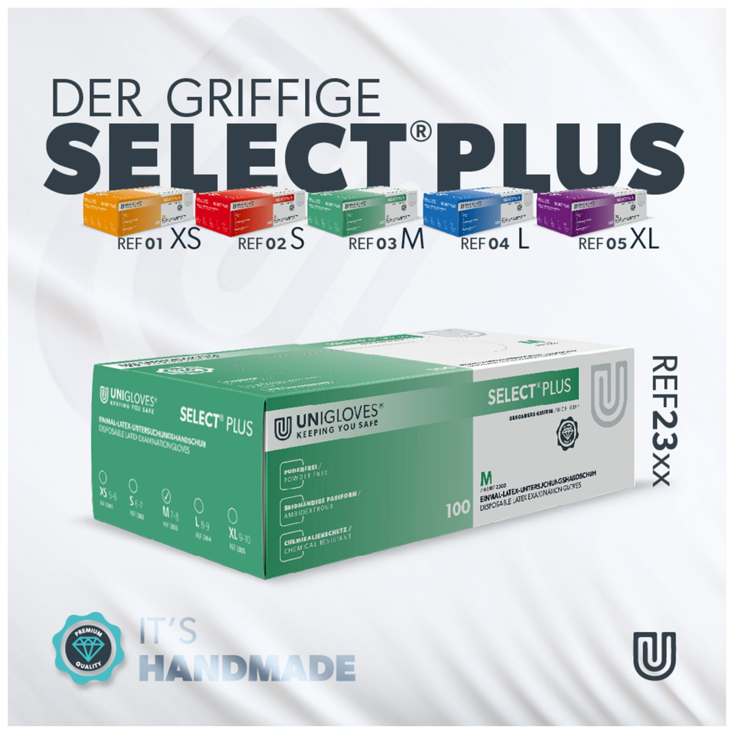 Unigloves Select Plus Handschuhe in weißer Box, Größe M, studio Hintergrund