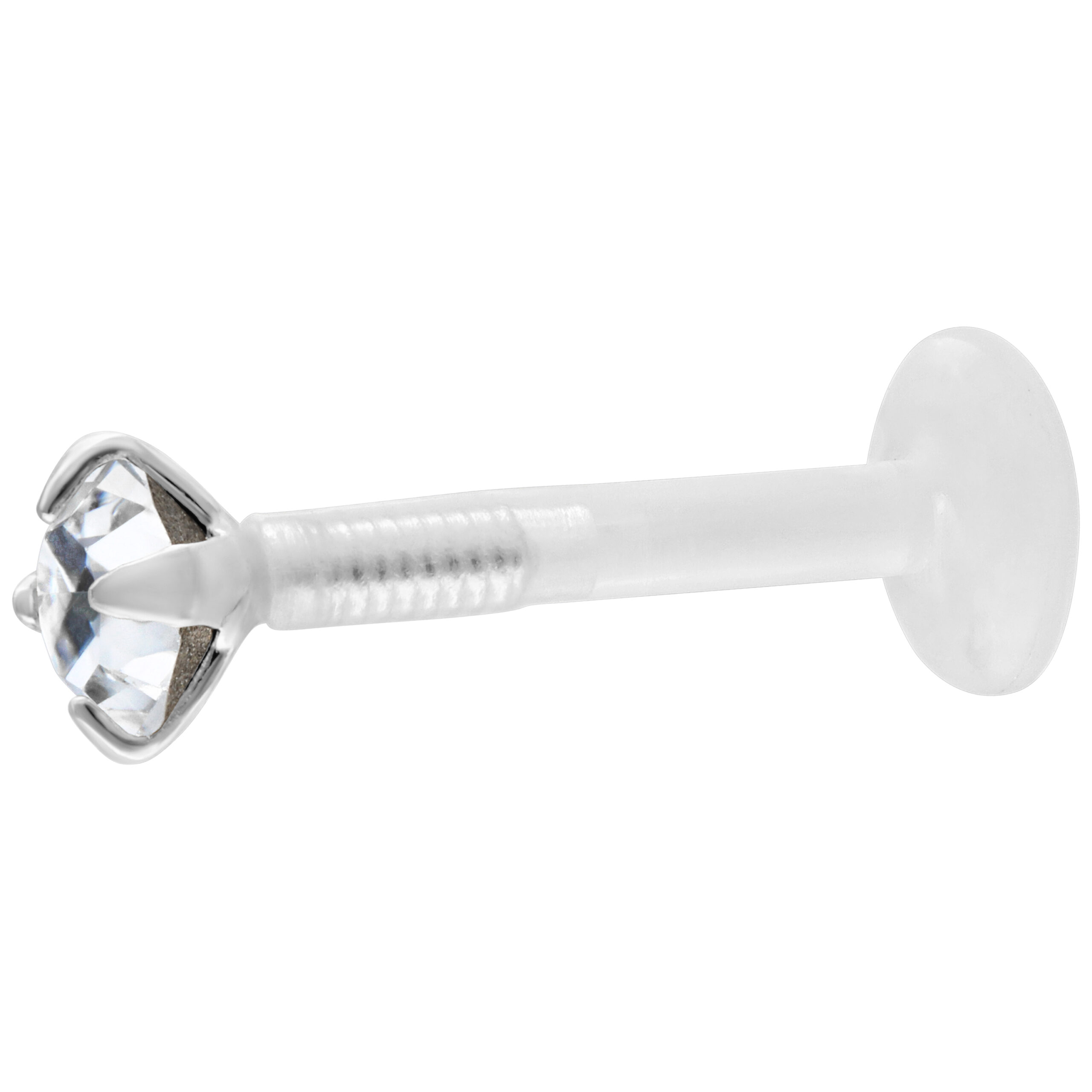 Silberner Micro Labret mit kristallklarem Stein auf weißem Hintergrund