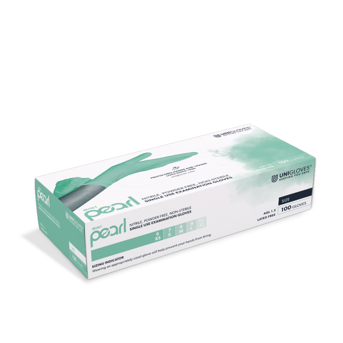 Verpackung der hellgrünen Nitrilhandschuhe Größe L von Unigloves auf weißem Hintergrund