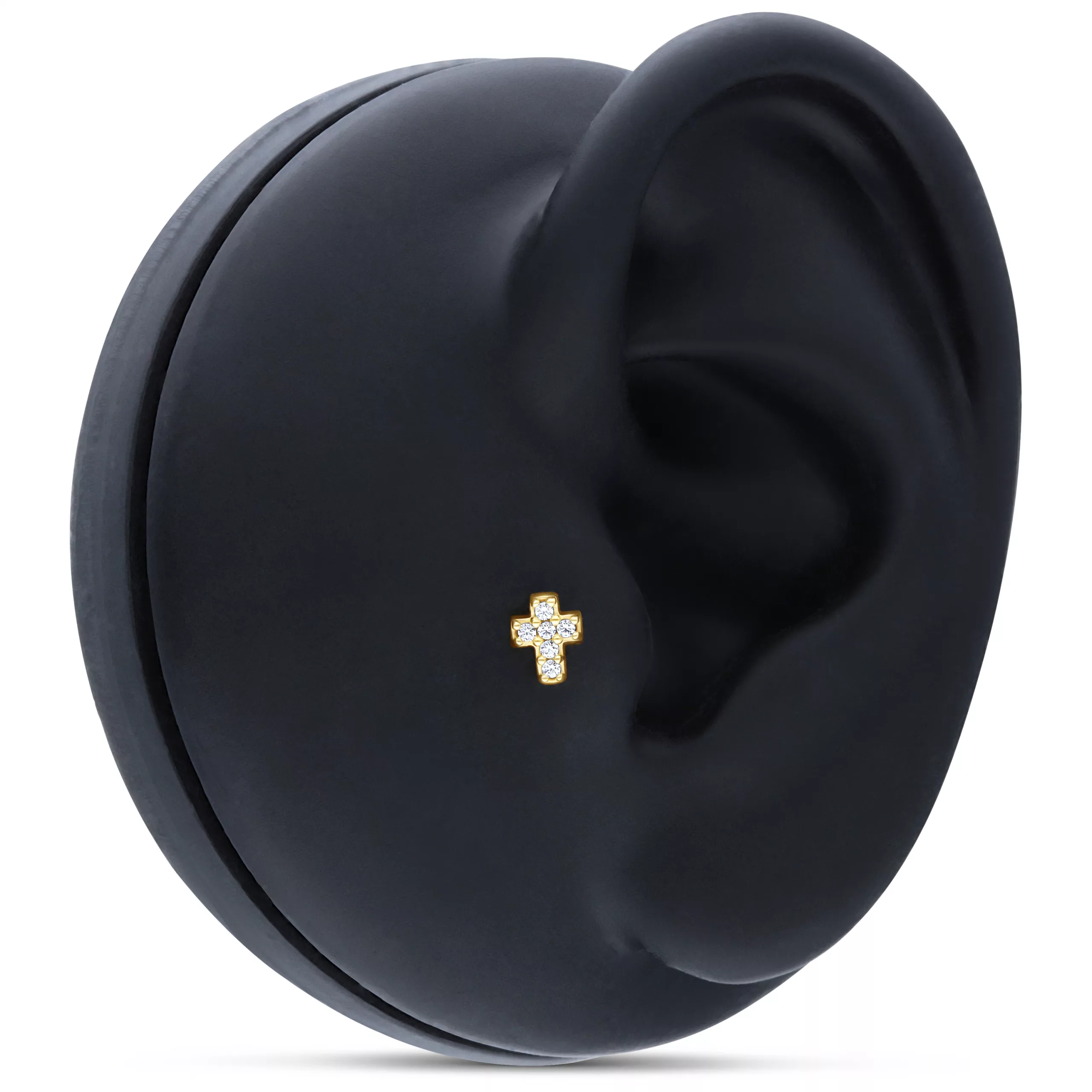 Goldener Kreuzaufsatz mit Kristallen auf schwarzem Ohrdisplay