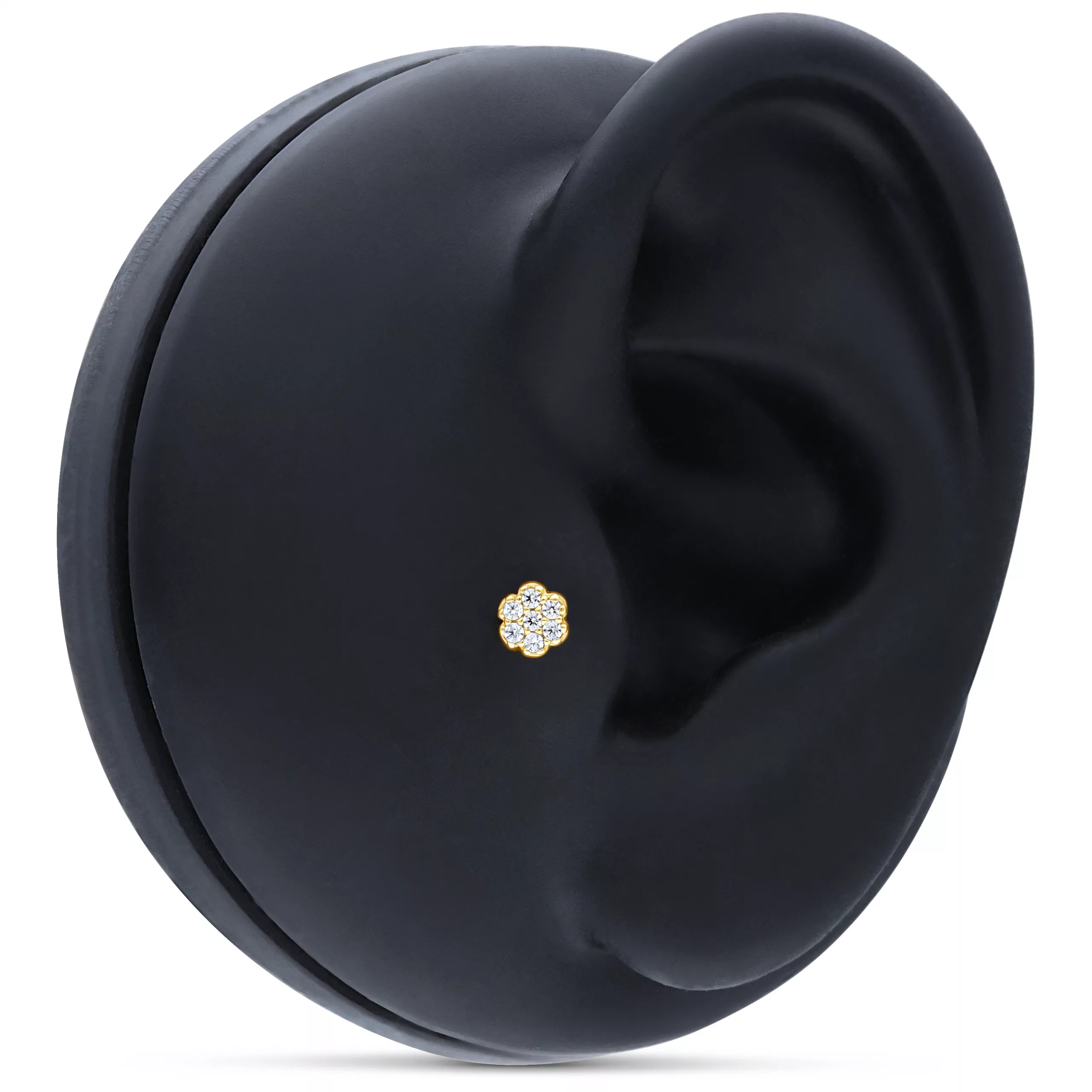 Goldener Blütenaufsatz mit klaren Kristallen in schwarzem Ohrmodell