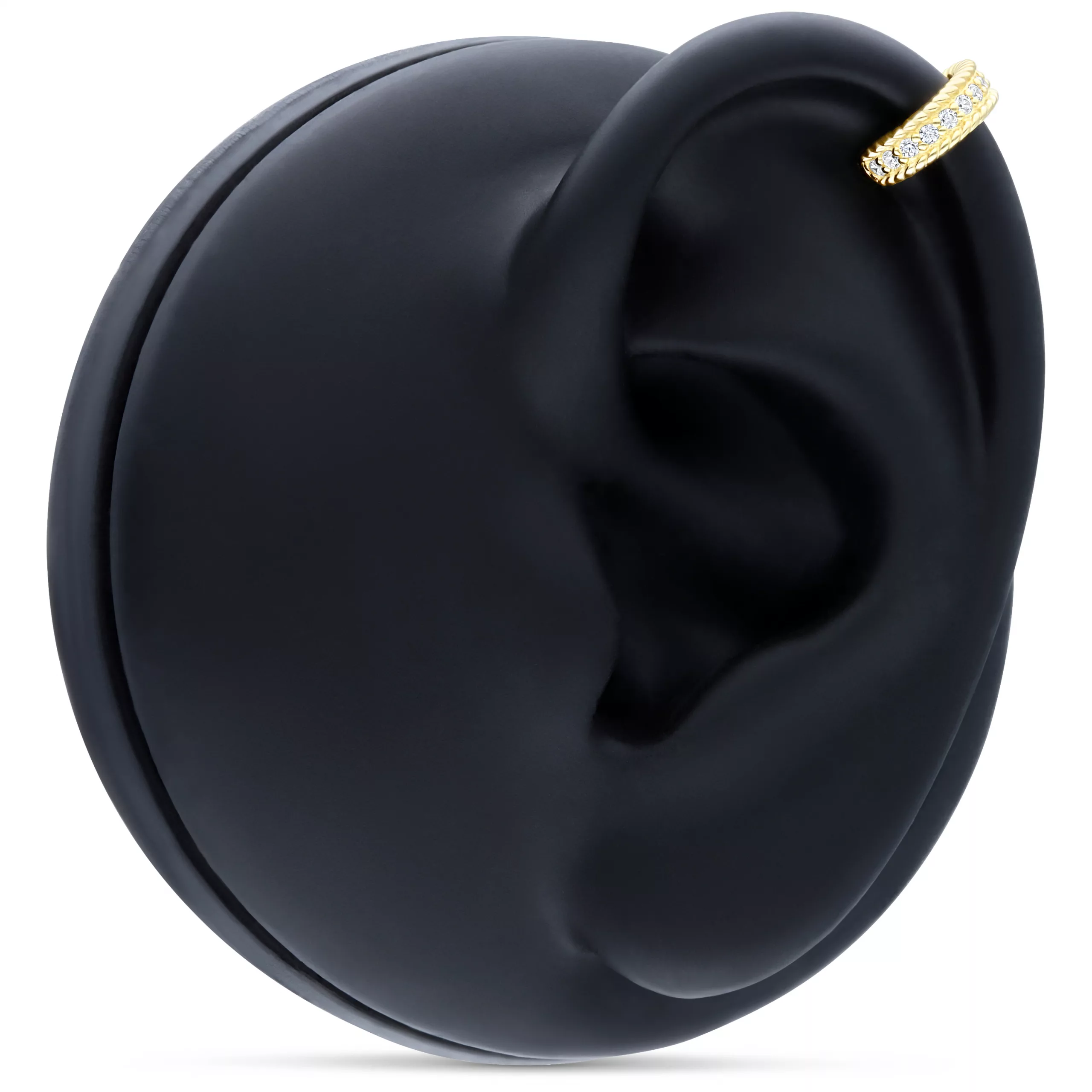 Hinged Ring aus 14K Gold mit Kristallen an einem schwarzen Modell-Ohr