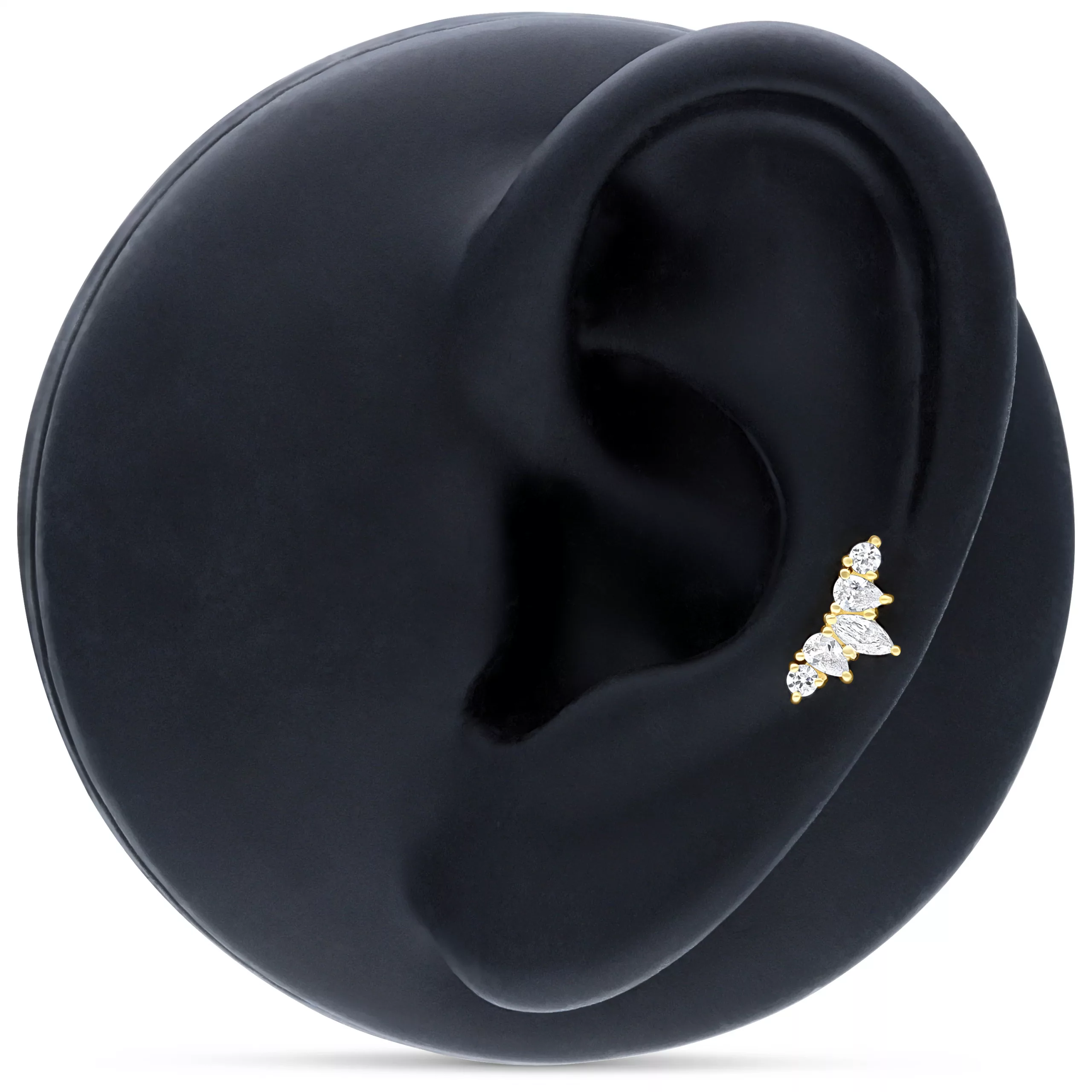 Goldener Tiara-Aufsatz mit klaren Kristallen an schwarzem Ohr