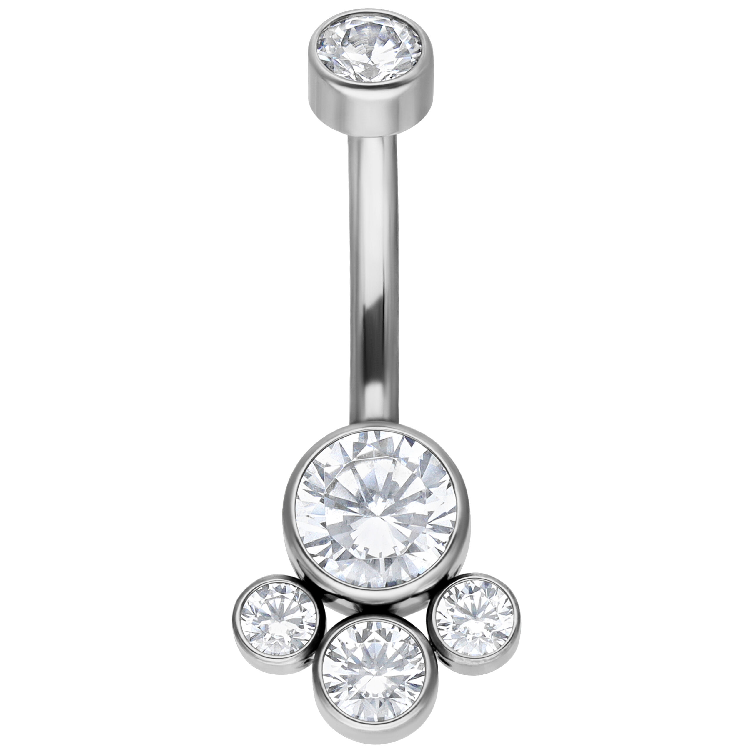 Silbernes Titan Bananabell mit Kristallen Silbernes Bauchnabelpiercing aus Titan mit klaren Kristallen auf weißem Hintergrund
