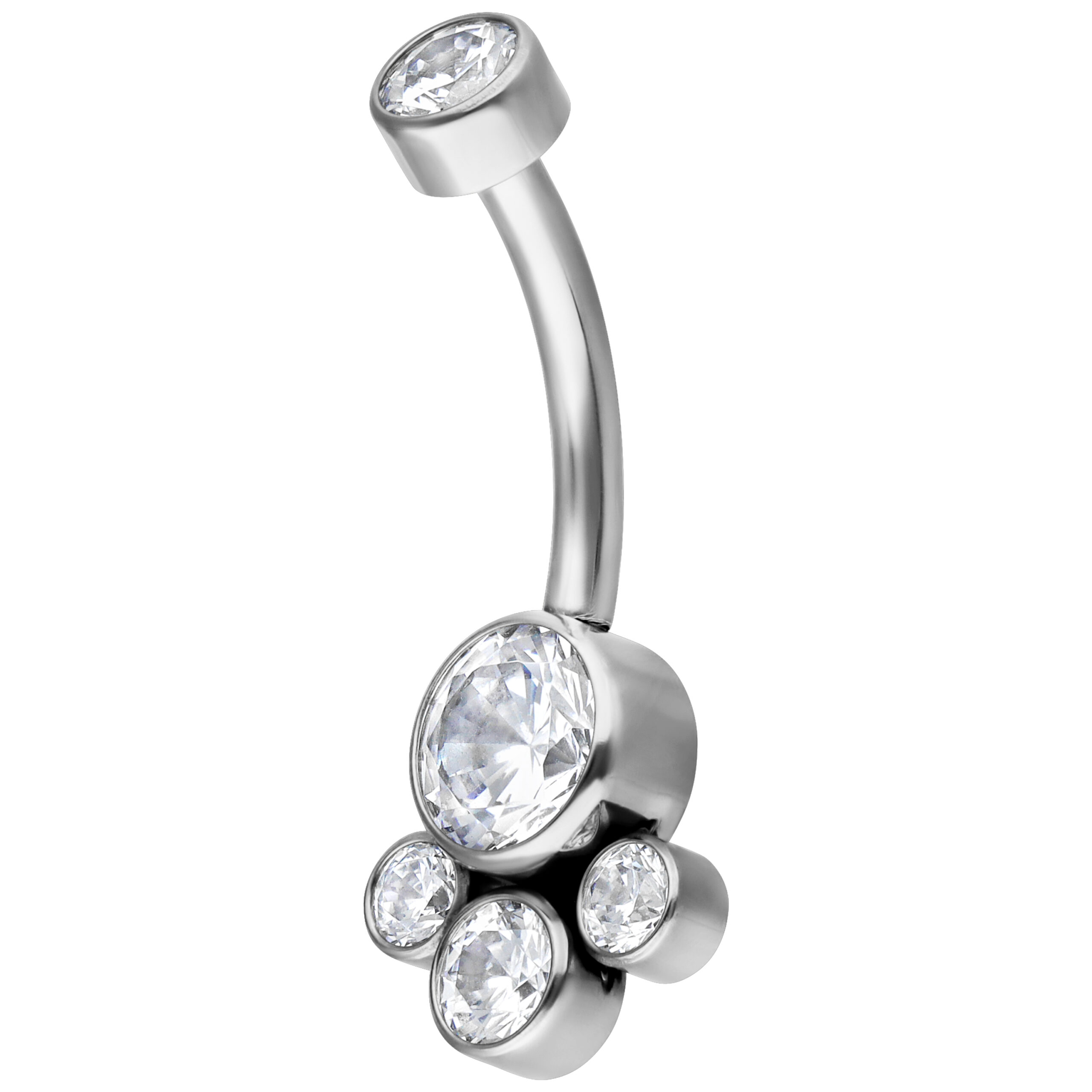 Silbernes Bauchnabelpiercing mit Kristallen, 12 mm Silbernes Bananabell-Piercing aus Titan mit klaren Kristallen auf weißem Hintergrund