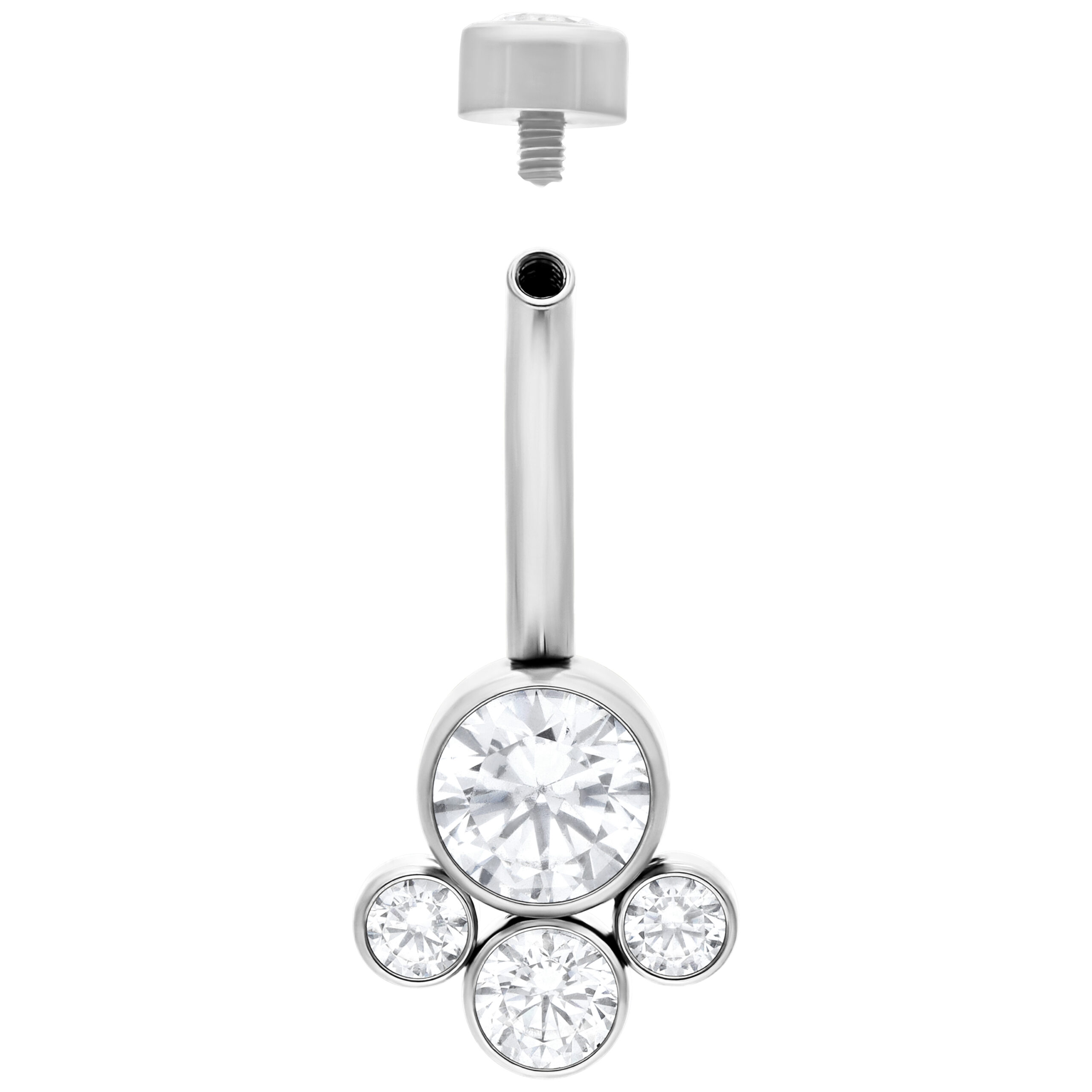 Silbernes Bananabell mit klaren Kristallen, 12mm Silbernes Bauchnabel Bananabell aus Titan mit klaren Kristallen auf weißem Hintergrund