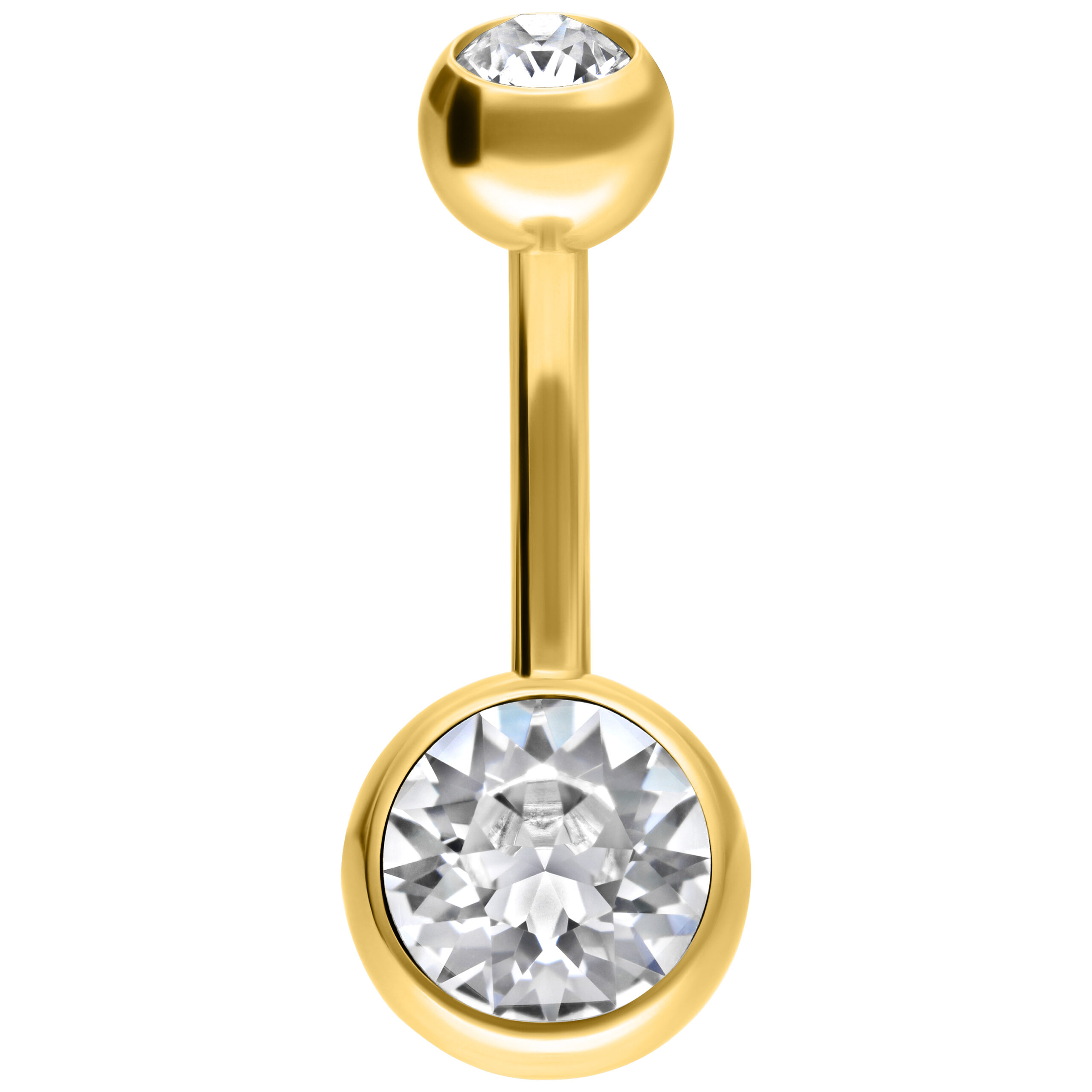 Goldenes Bananabell mit zwei klaren Kristallen auf weißem Hintergrund