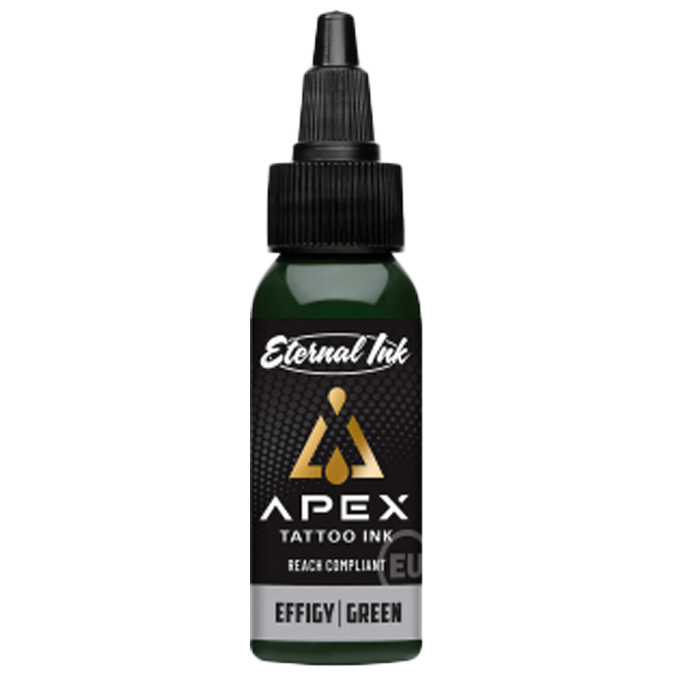 Flasche Effigy Green Tattoofarbe, 30 ml, mit schwarzem Verschluss auf weißem Hintergrund