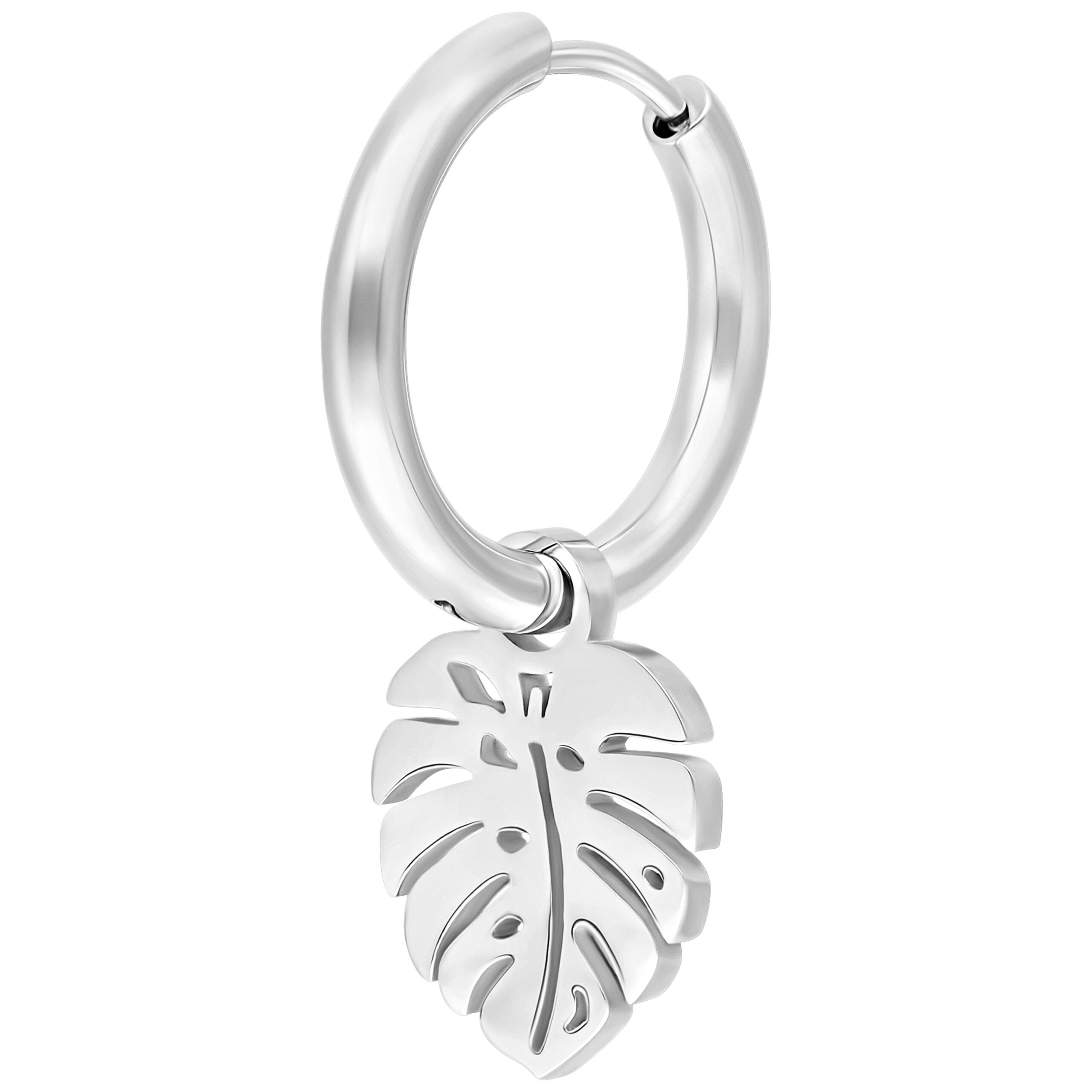 Silberfarbener Ohrring mit Monstera-Blatt-Anhänger auf weißem Hintergrund