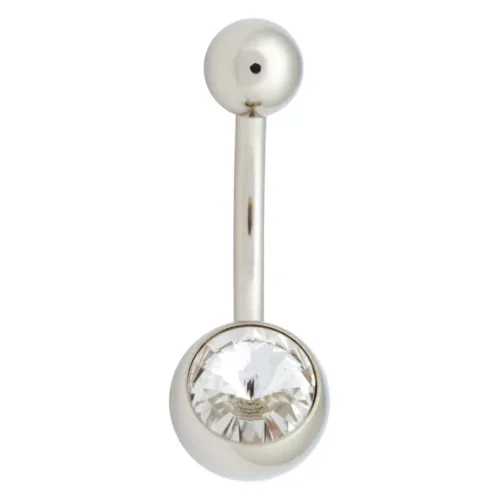 Silberner Bauchnabel Bananabell mit klarem Kristall auf weißem Hintergrund