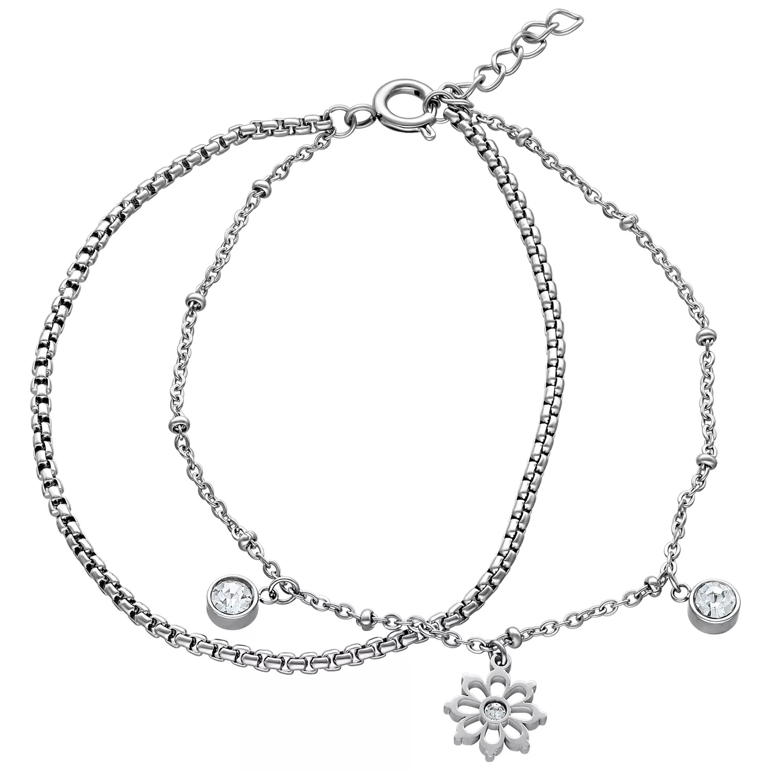 Filigranes Armband in Silber mit Blumenanhänger und Kristallen auf weißem Hintergrund
