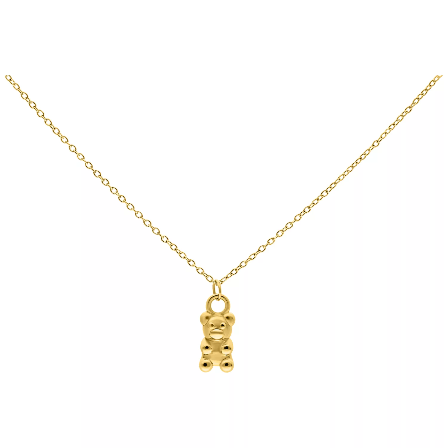 Goldene Kette mit Gummibärchen-Anhänger auf weißem Hintergrund