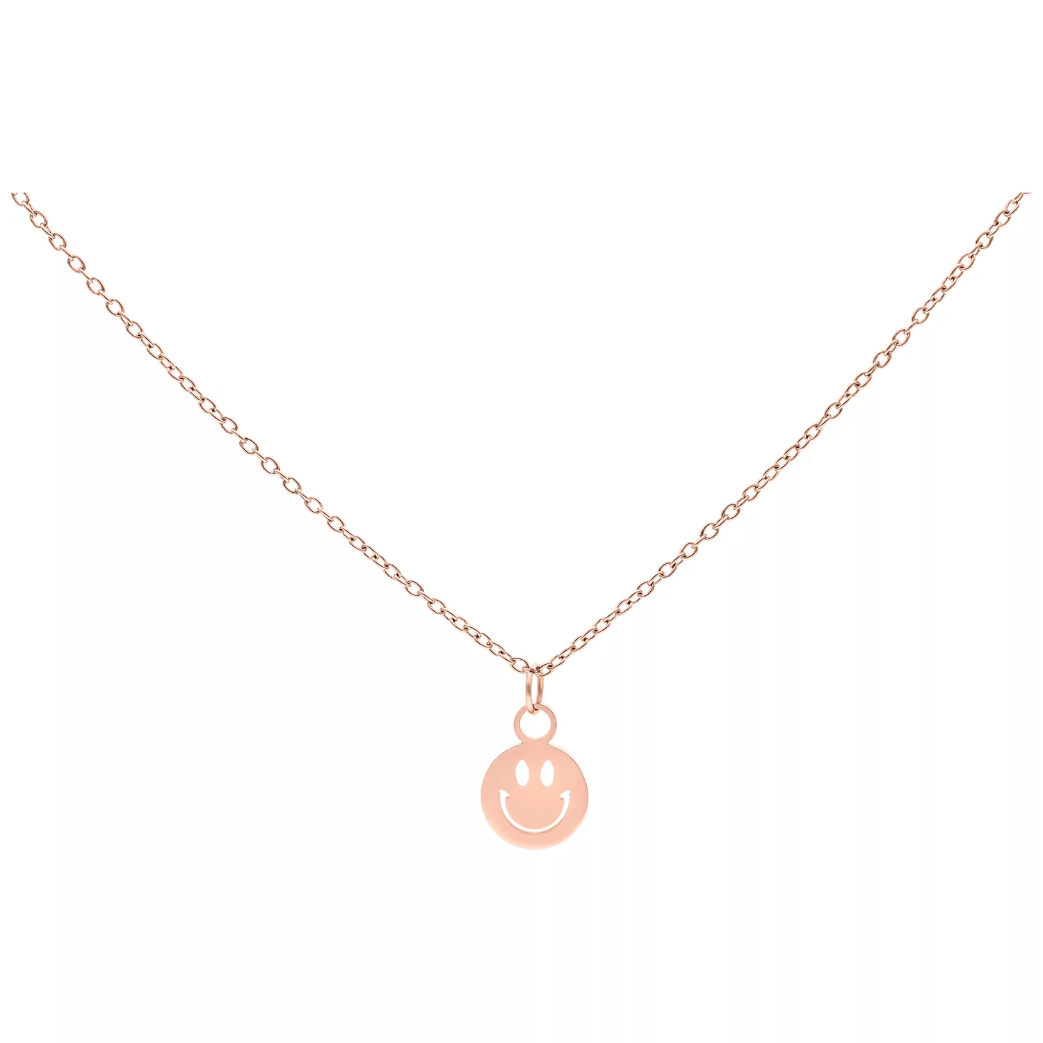 Roségoldene Kette mit Smiley-Anhänger auf weißem Hintergrund