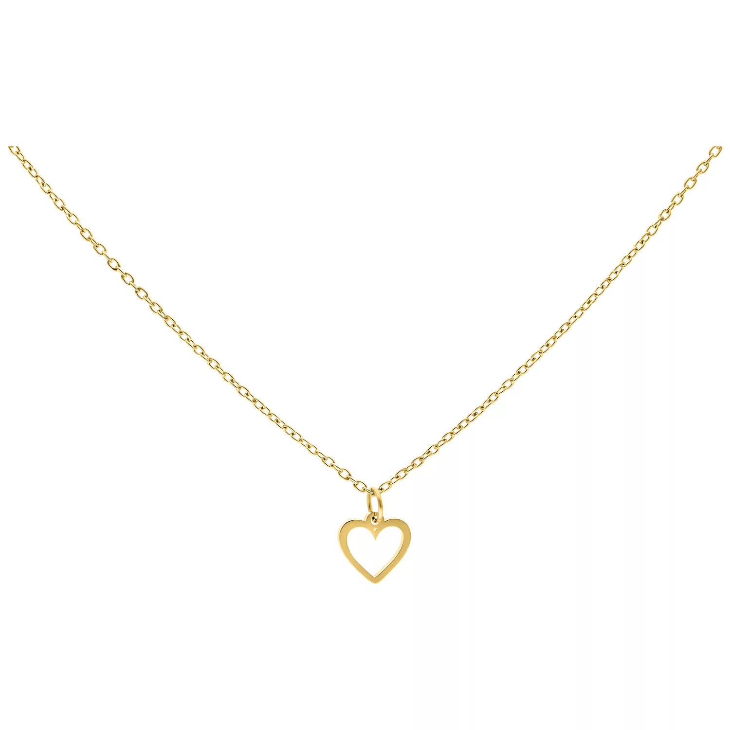 Goldene Herz-Kette aus Chirurgenstahl Feine goldene Kette mit herzförmigem Anhänger vor weißem Hintergrund