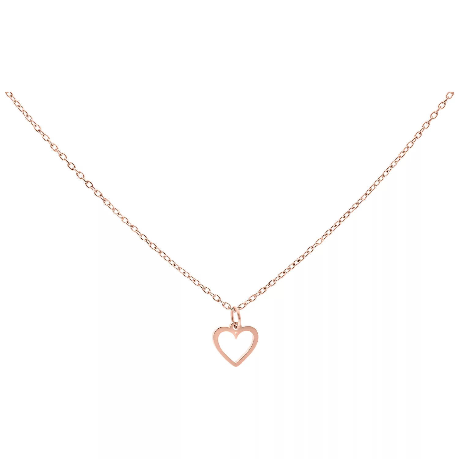 Roségoldene Little Heart Kette 50 cm Kette aus Chirurgenstahl in Roségold mit kleinem Herzanhänger auf weißem Hintergrund