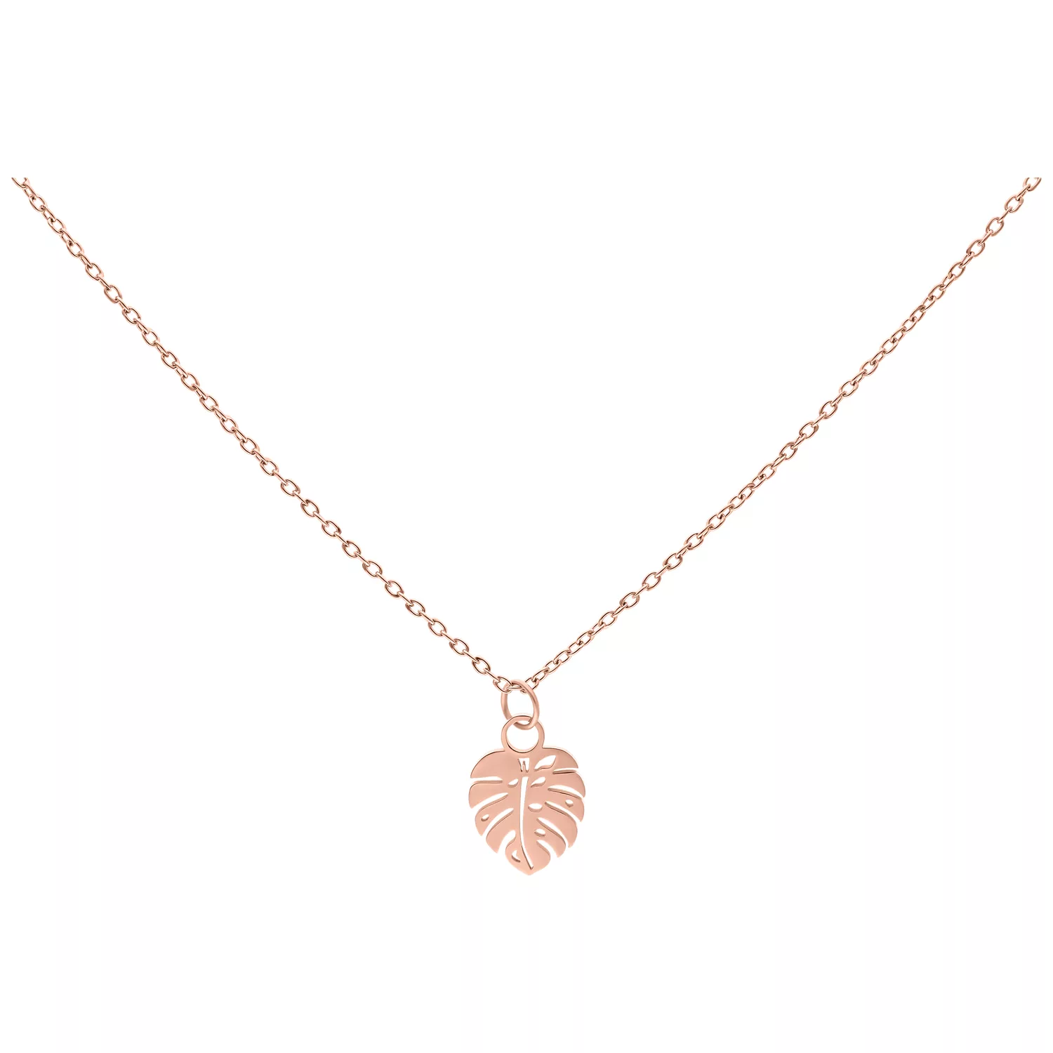 Kette mit Monstera Blatt Anhänger in Roségold auf weißem Hintergrund