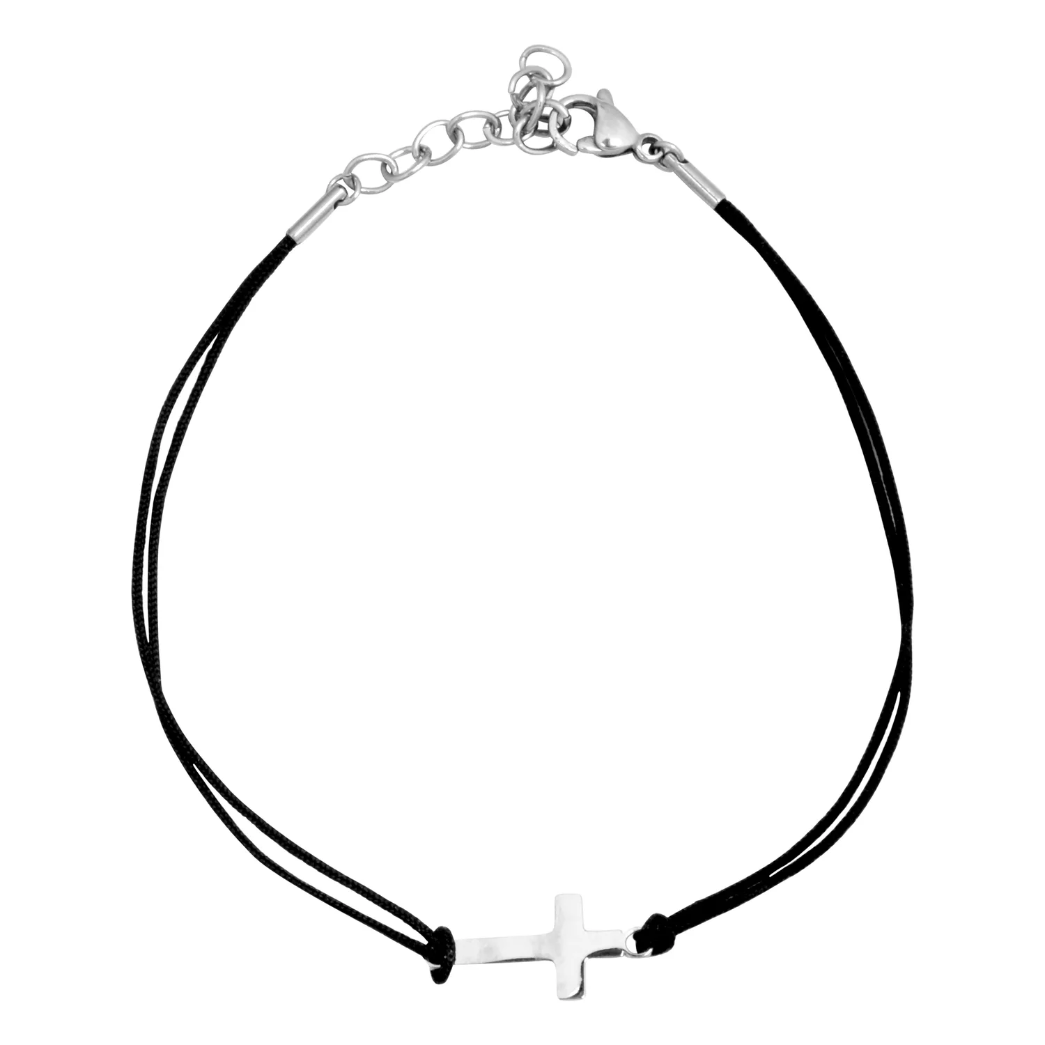 Schwarzes Fußkettchen mit silbernem Kreuzanhänger auf weißem Hintergrund