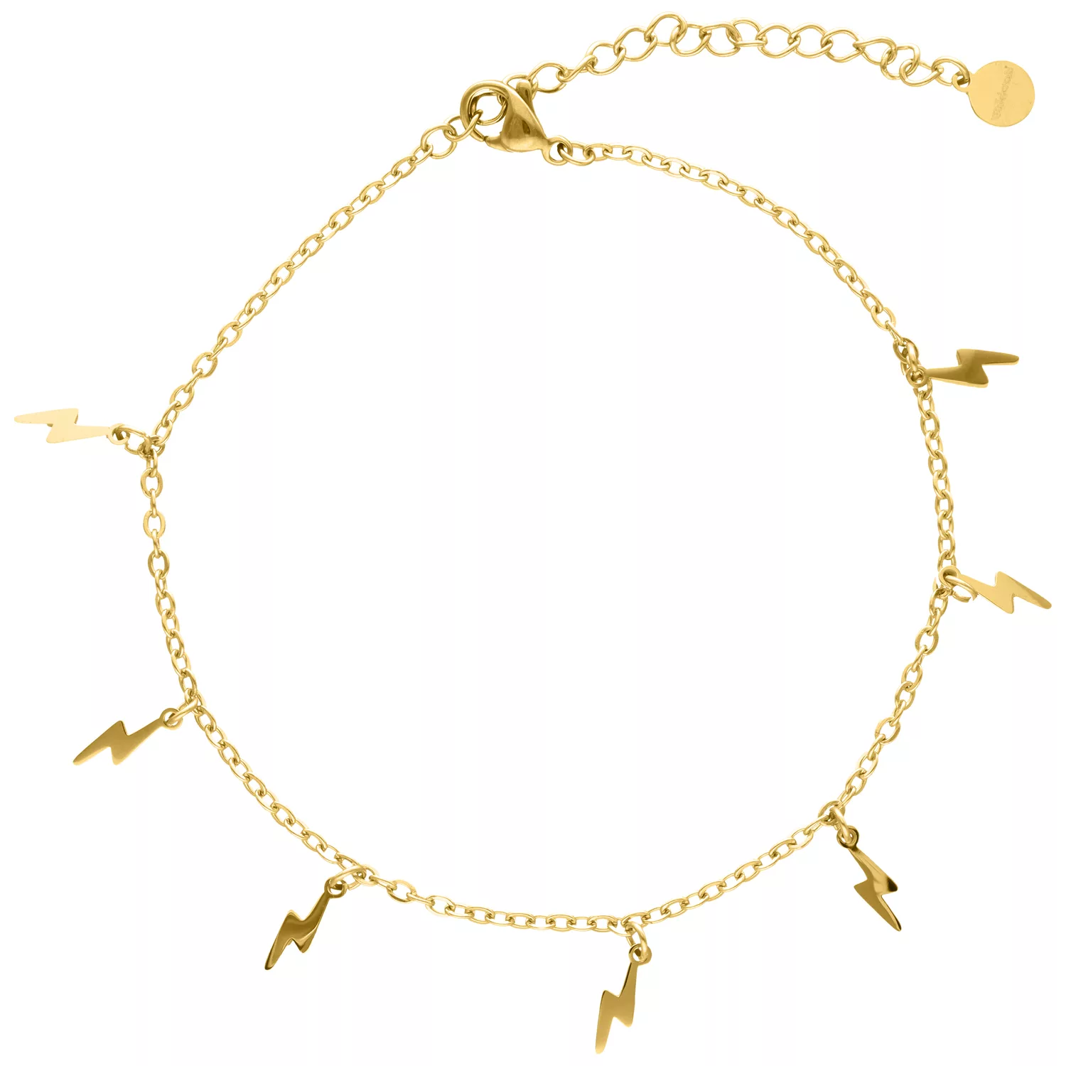 Goldenes Flash Fußkettchen aus Chirurgenstahl Goldenes Fußkettchen mit Blitzanhängern auf weißem Hintergrund