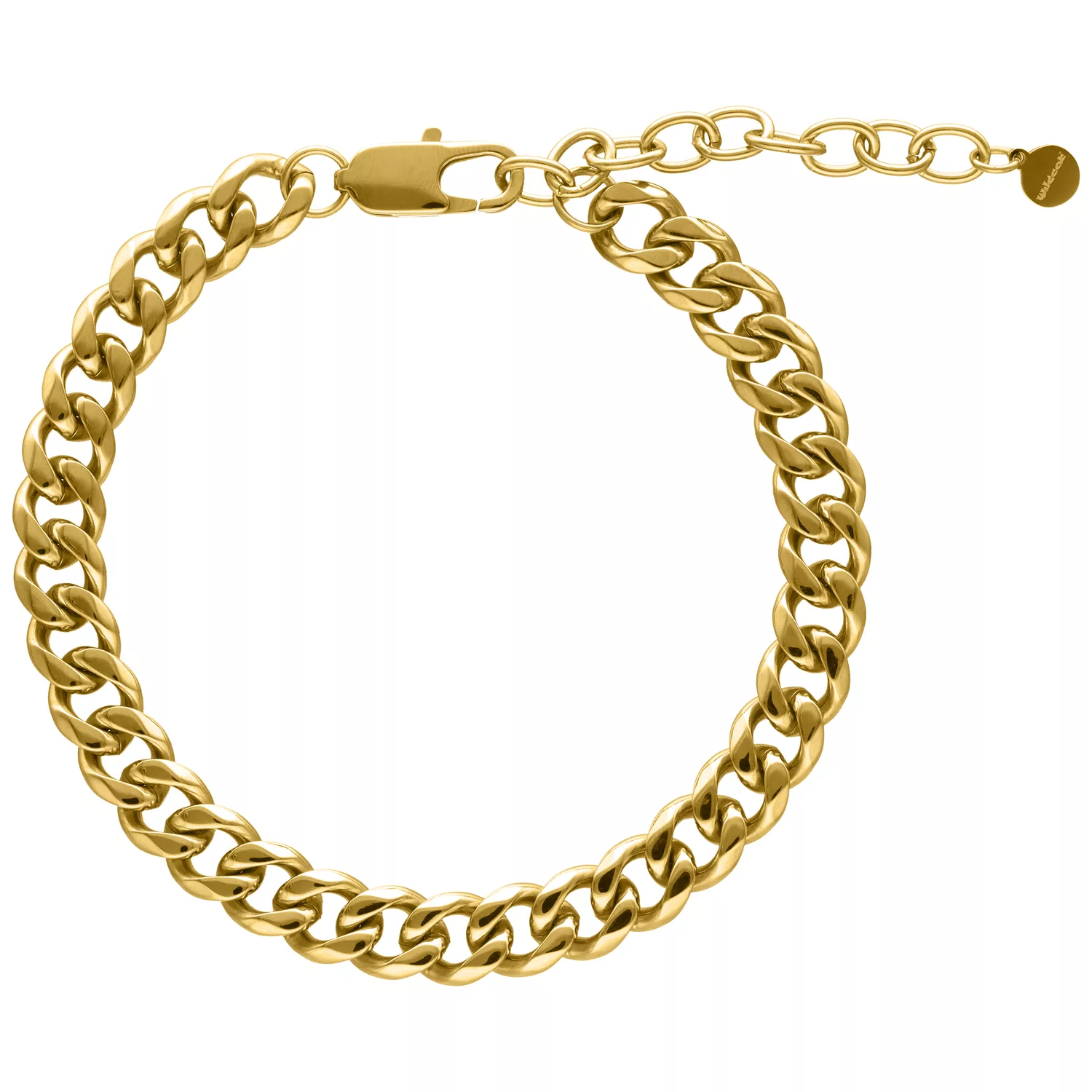 Goldenes Flat Curb Fußkettchen aus Chirurgenstahl mit verstellbarem Verschluss auf weißem Hintergrund