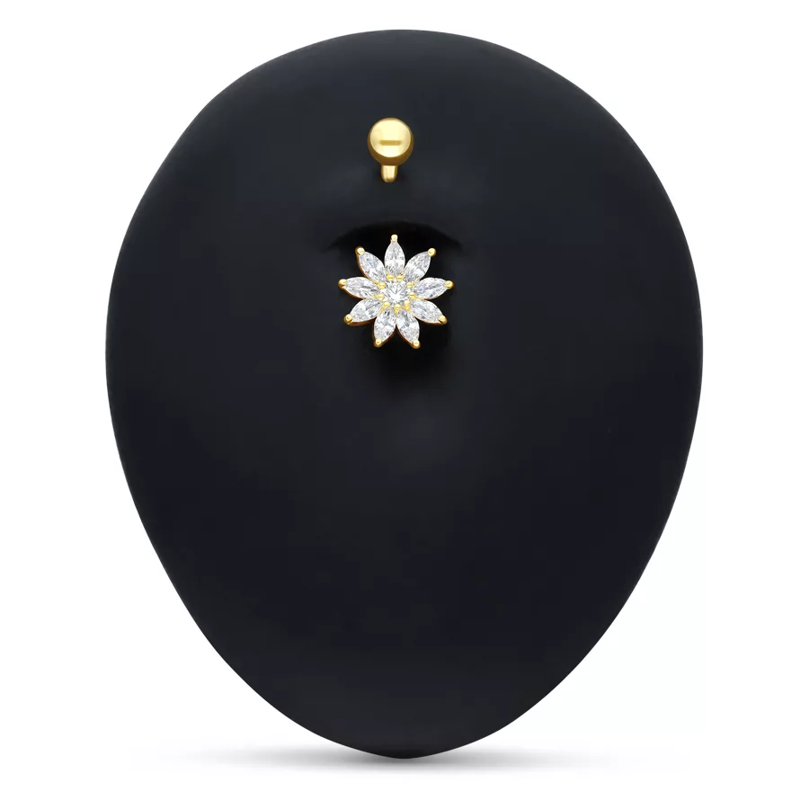 Bauchnabelpiercing aus 18k Gold mit klarer Kristallblume auf schwarzem Hintergrund