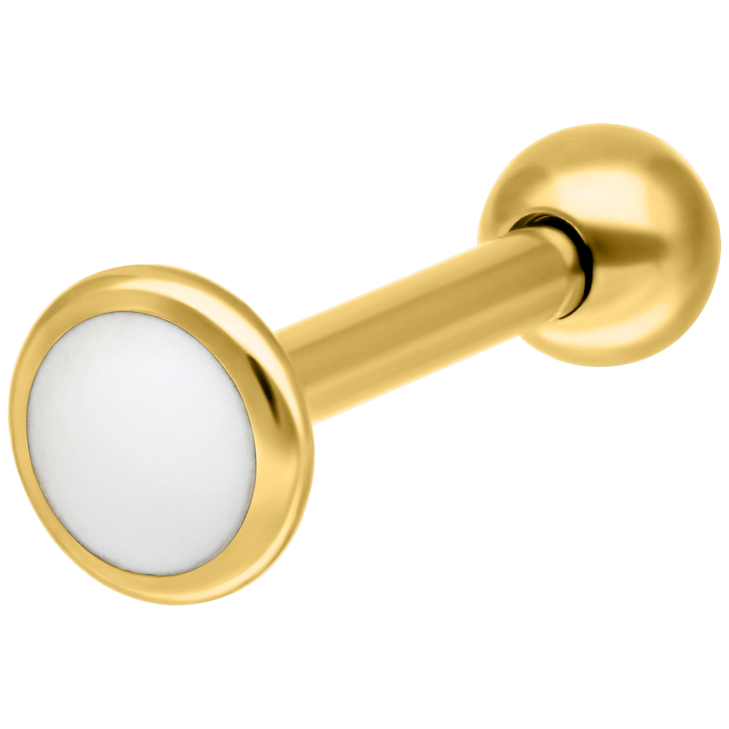 Goldenes Labret aus Titan mit weißer Platte auf weißem Hintergrund