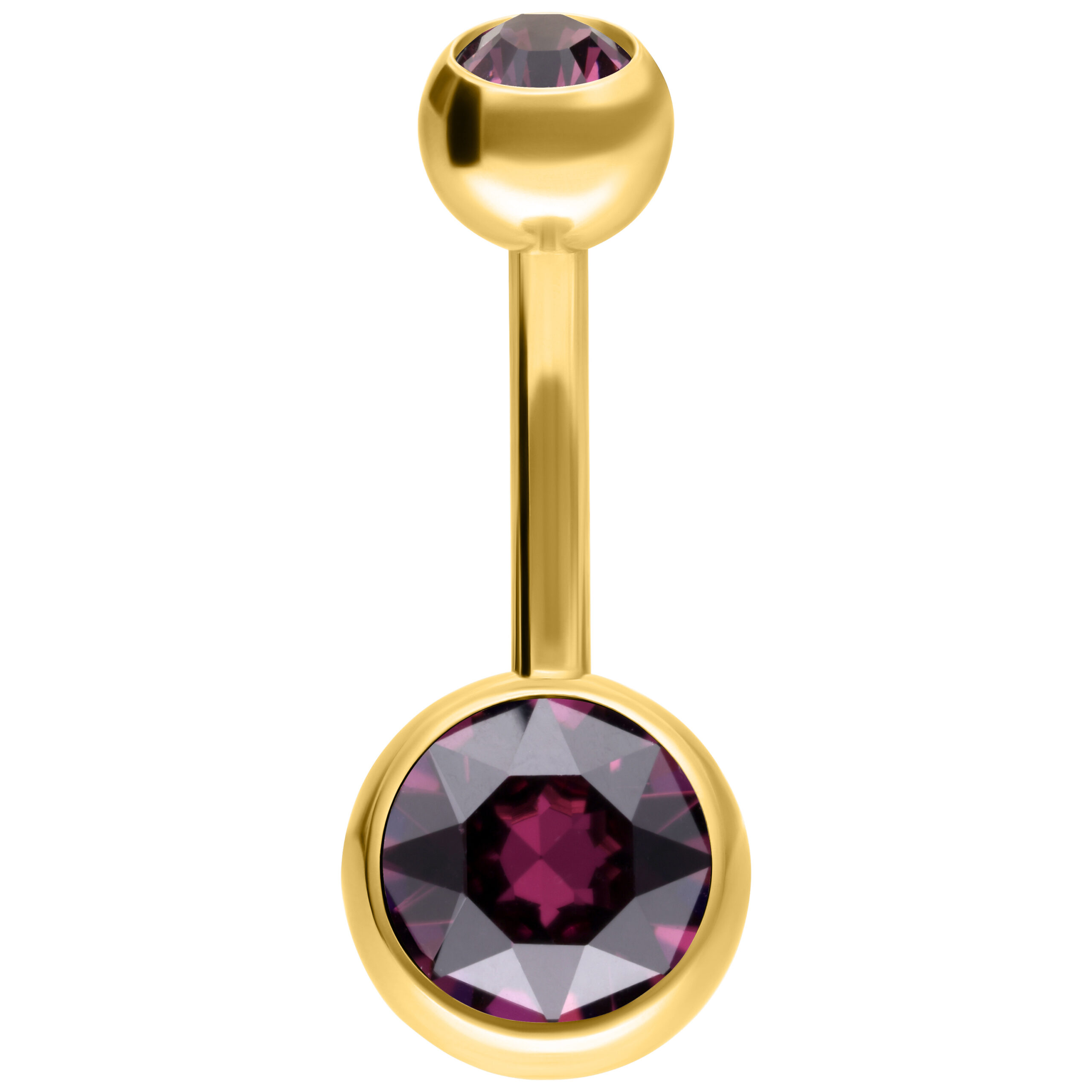 Goldenes Bauchnabel Bananabell mit Amethystkristallen auf weißem Hintergrund