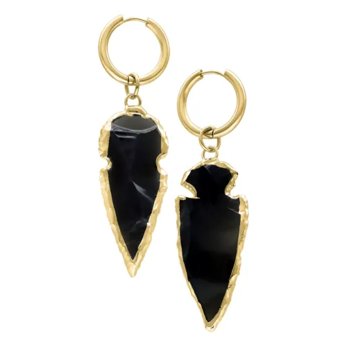 Little Obsidian Stone Hoops - Gold