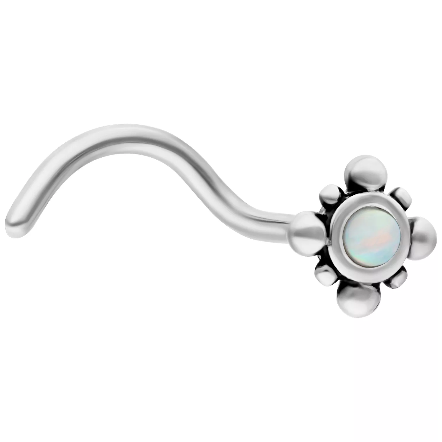 Nasenstecker aus Chirurgenstahl mit weißem Opal auf weißem Hintergrund