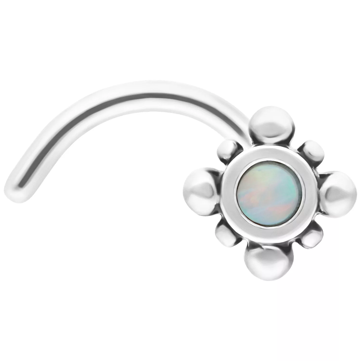 Kleiner Nasenstecker aus Chirurgenstahl mit weißem, synthetischem Opal auf weißem Hintergrund