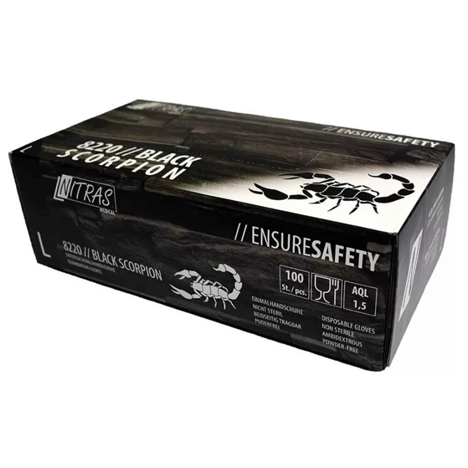 Schwarze Box mit Nitras Black Scorpion Latex-Einmalhandschuhen, 100 Stück
