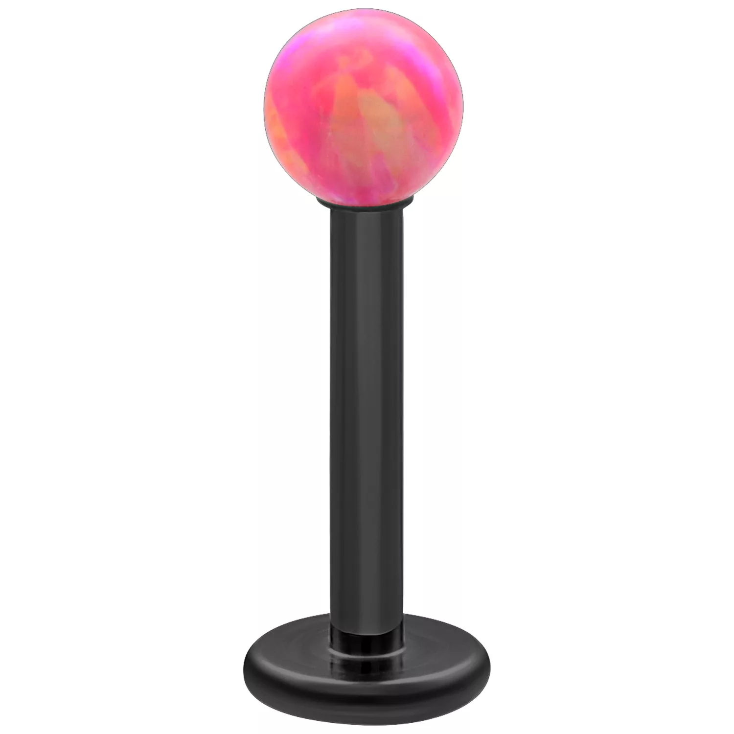 Schwarzes Titan Labret mit 5 mm Light Hot Pink Opal Kugel auf weißem Hintergrund
