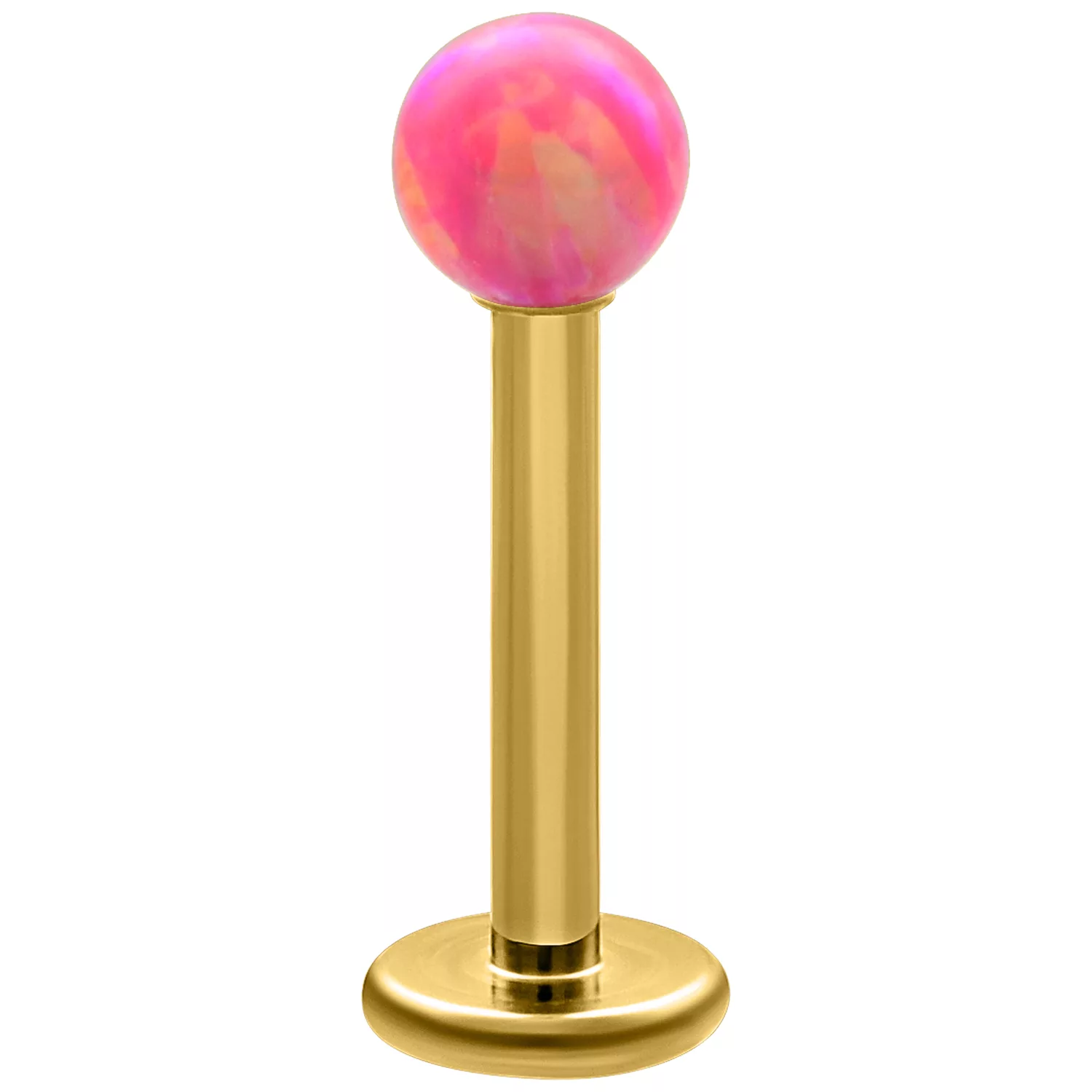 Goldenes Labret mit einer 5 mm Light Hot Pink Opalkugel auf weißem Hintergrund