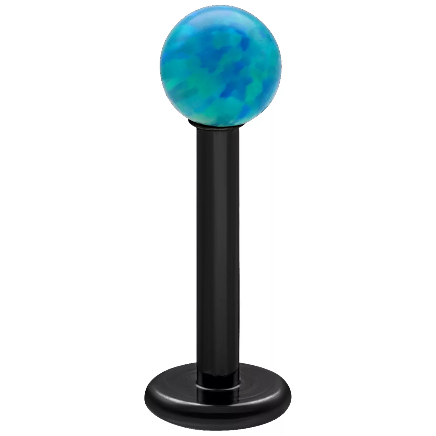 Labret mit navy blauem Opal auf schwarzem Titanstab vor weißem Hintergrund