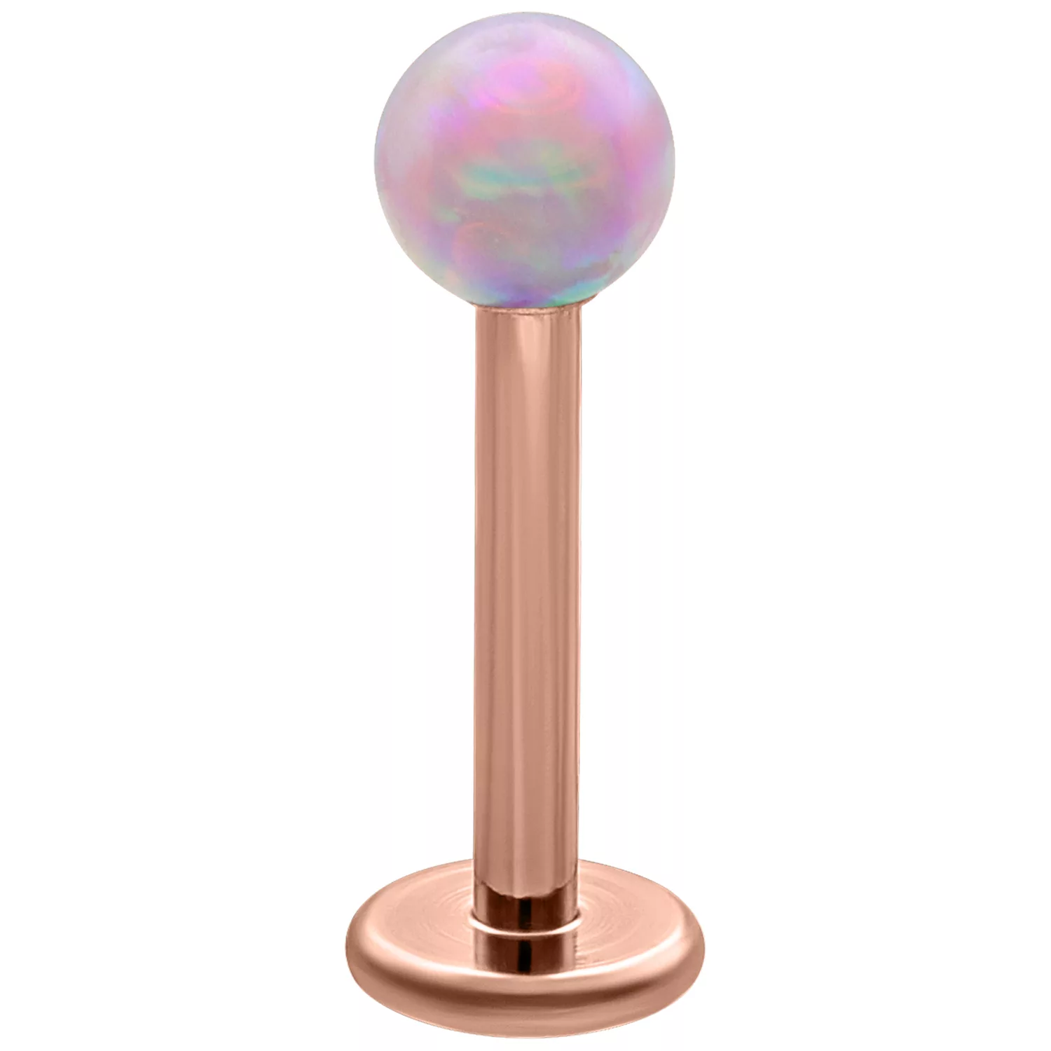 Rosa synthetischer Opal Ball Micro Labret mit roségoldenem Titanstab auf weißem Hintergrund