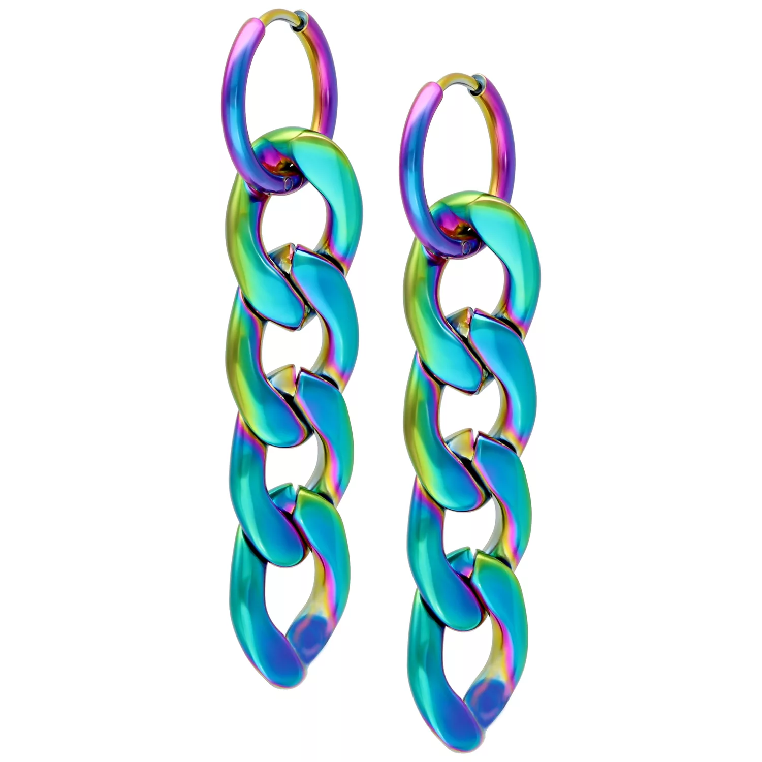 Bunte Edelstahl Chunky Hoops Ohrringe Zwei farbenfrohe Chunky Hoops aus Edelstahl vor weißem Hintergrund