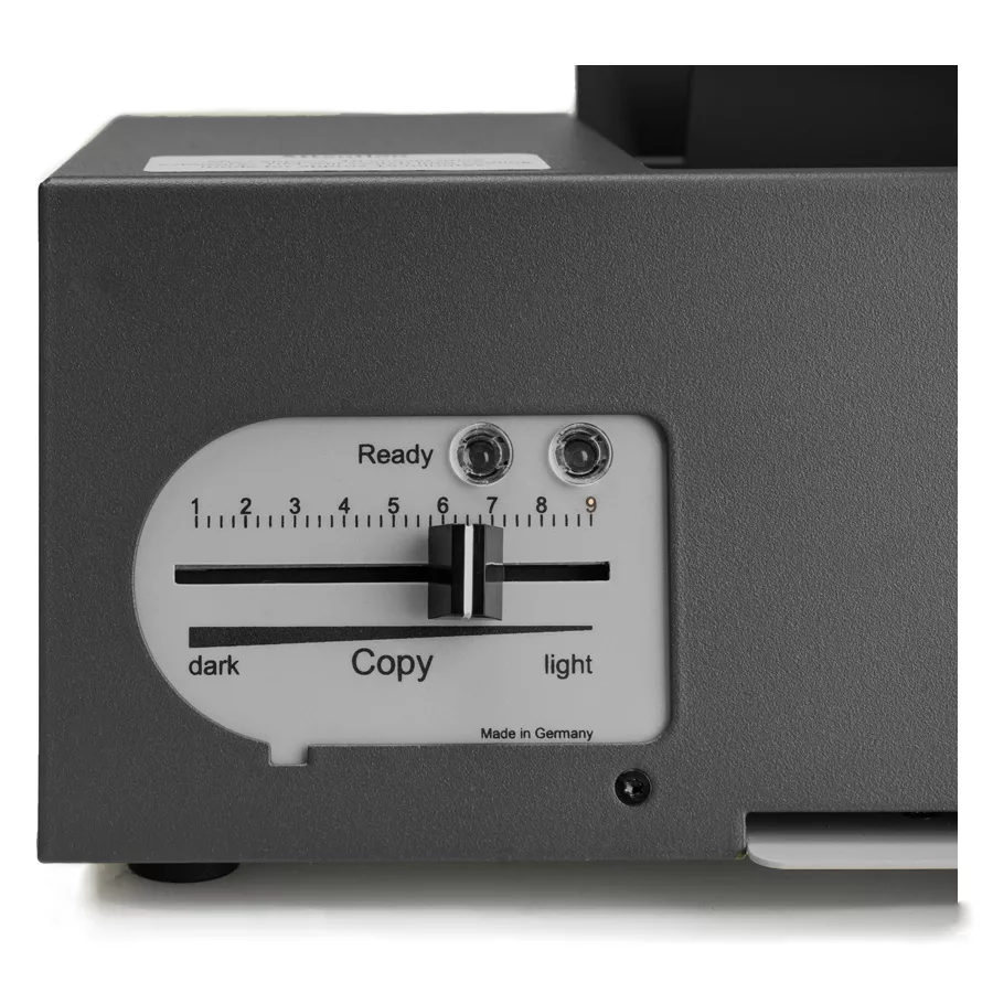 Schwarzer Thermokopierer TIM mit Bedienfeld und Schieberegler auf weißem Hintergrund