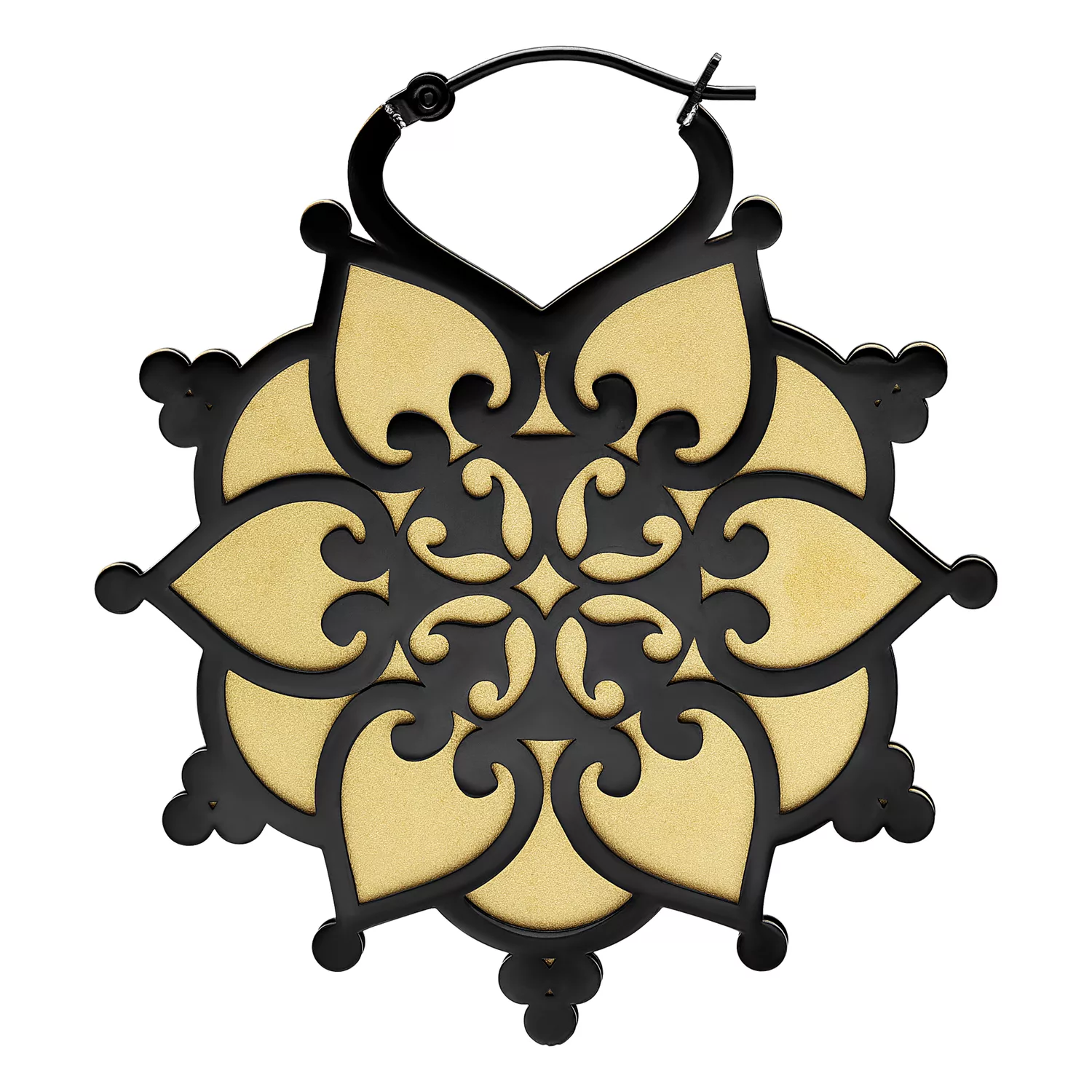 Schwarze, hochglanzpolierte Floralis Hoops aus Chirurgenstahl mit Klappverschluss vor weißem Hintergrund