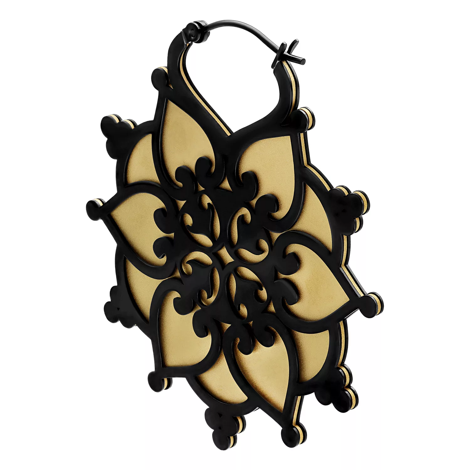 Schwarze Floralis Hoops Ohrringe aus Chirurgenstahl auf weißem Hintergrund