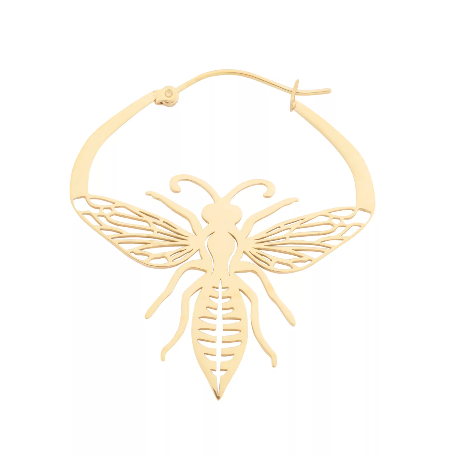 Goldene Ohrringe in Form einer Biene aus Chirurgenstahl auf weißem Hintergrund