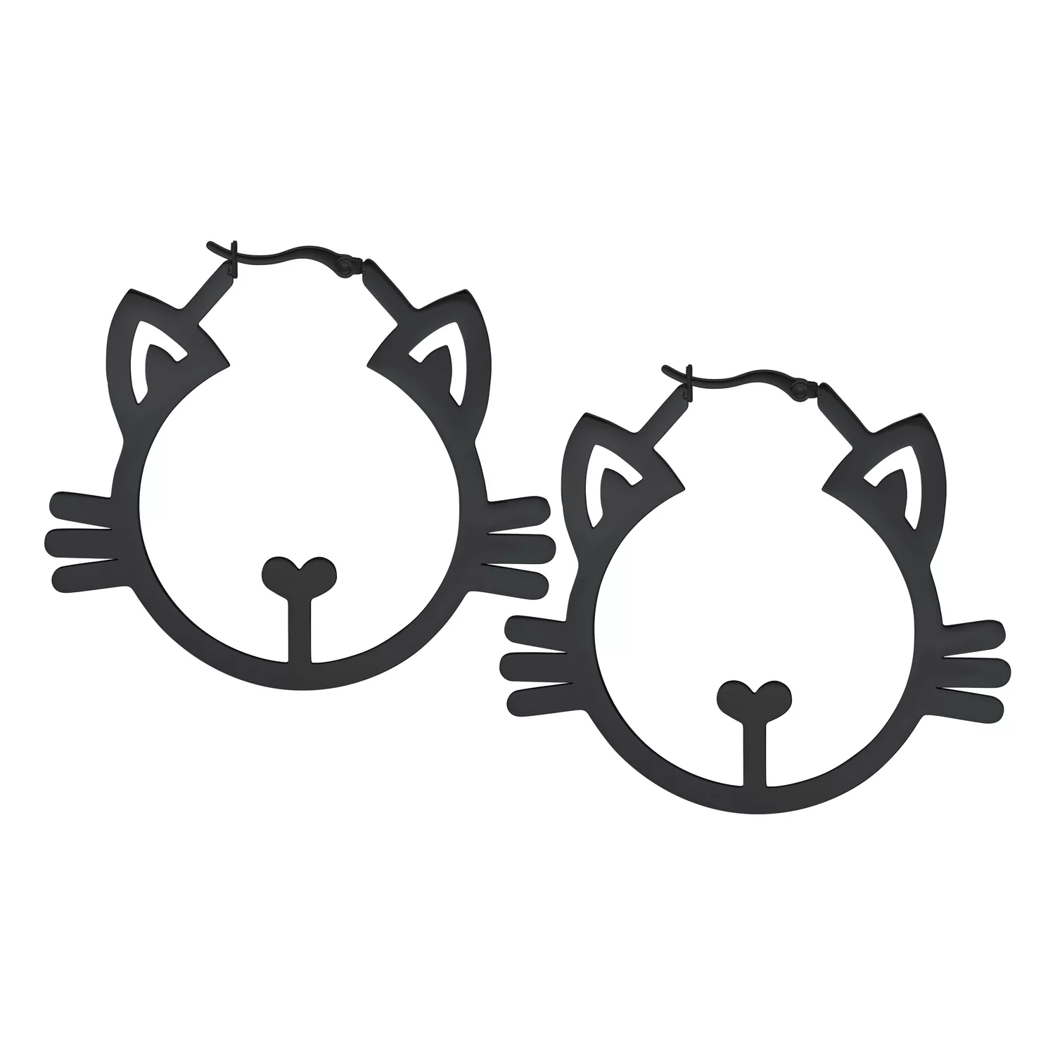 Zwei schwarze, katzenförmige Edelstahl-Ohrringe mit Klappverschluss auf weißem Hintergrund