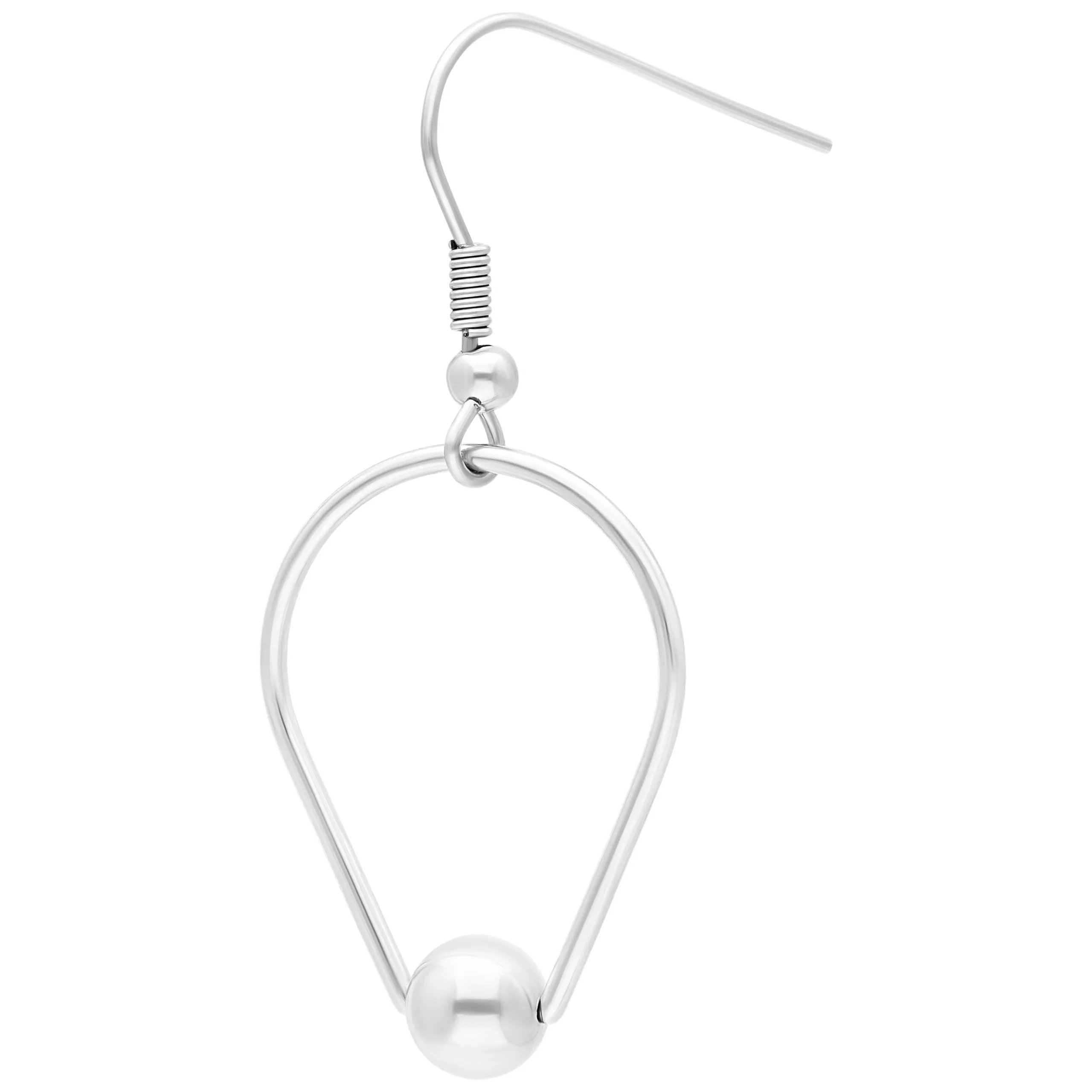 Silberne Teardrop-Ring Ohrringe aus Stahl Silberne Teardrop-Ring Ohrringe mit Kugelanhänger auf weißem Hintergrund