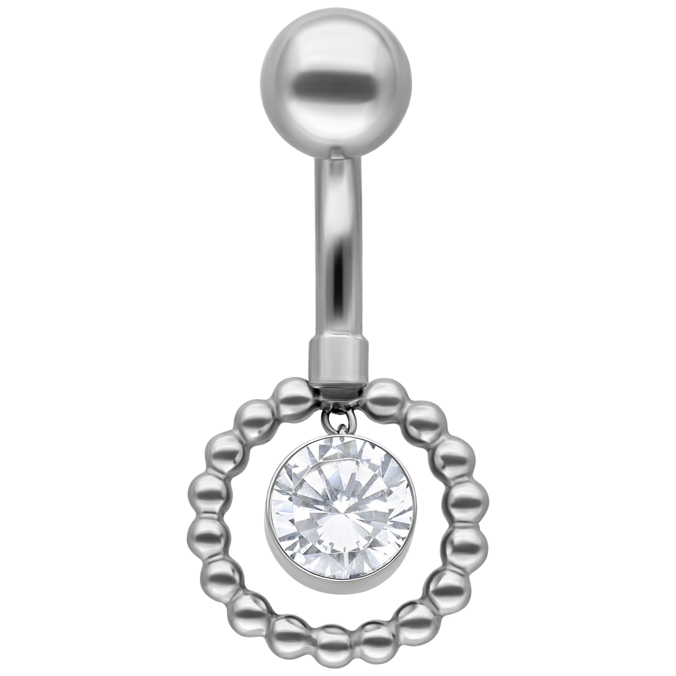 Silbernes Bauchnabelpiercing mit Kristall und Perlenring auf weißem Hintergrund