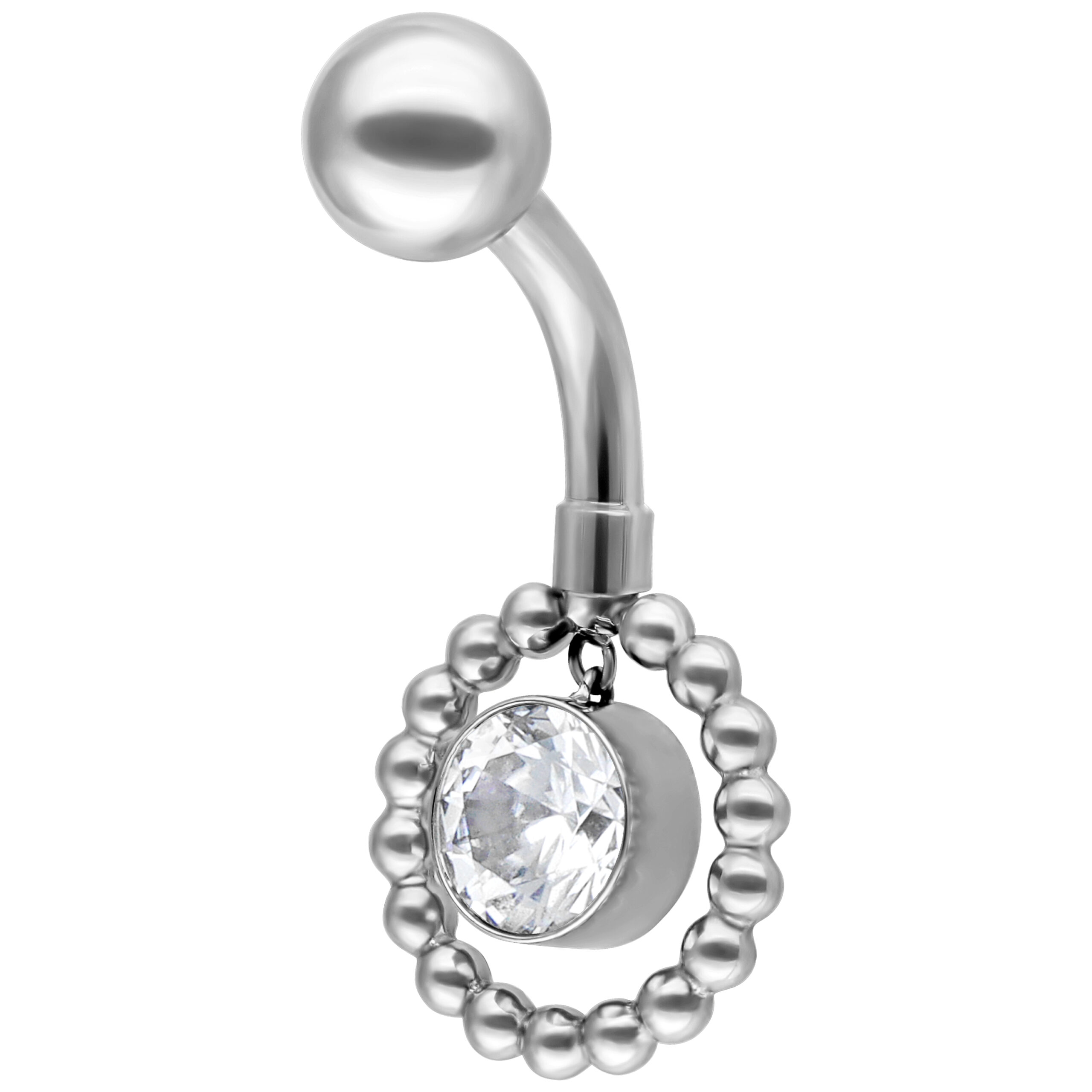 Silbernes Bananabel mit kristallklarem Stein und Perlenkreis auf weißem Hintergrund