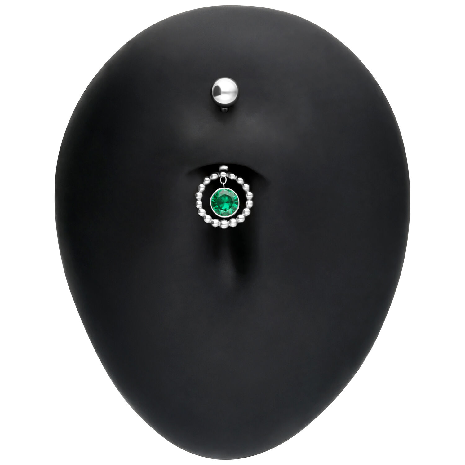 Silbernes Bauchnabelpiercing mit smaragdgrünem Kristall auf schwarzem Hintergrund