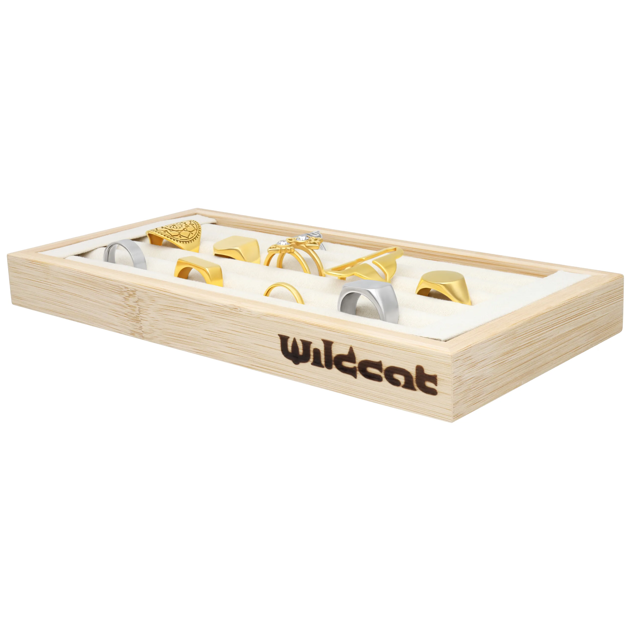 Holzrahmen mit verschiedenen Ringen auf weißer Unterlage im Display